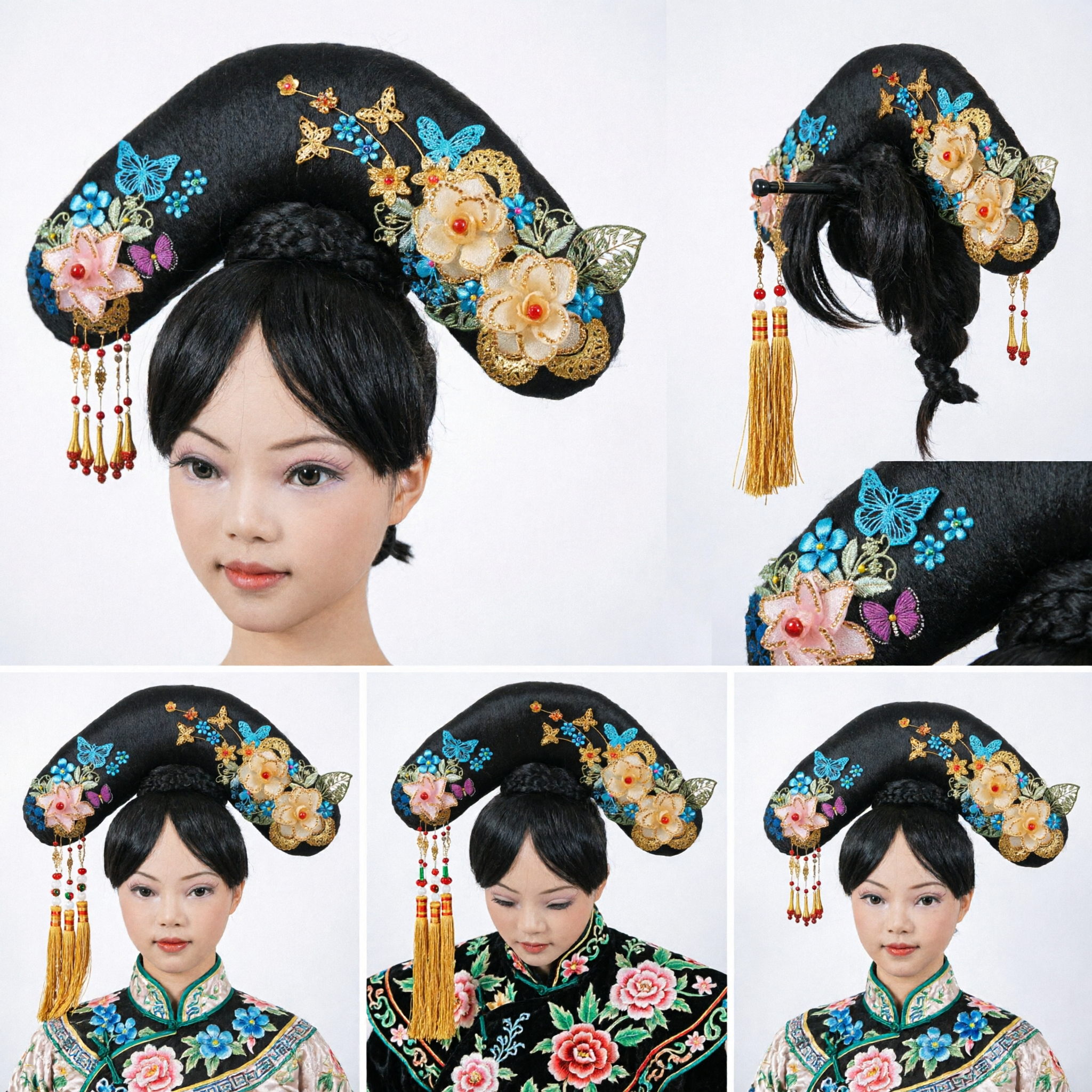 Traditional Chinese Qing Dynasty Manchurian Dalachi Wig Headdress with Gold Butterflies and Flowers for Hanfu Costume - Asian Costume