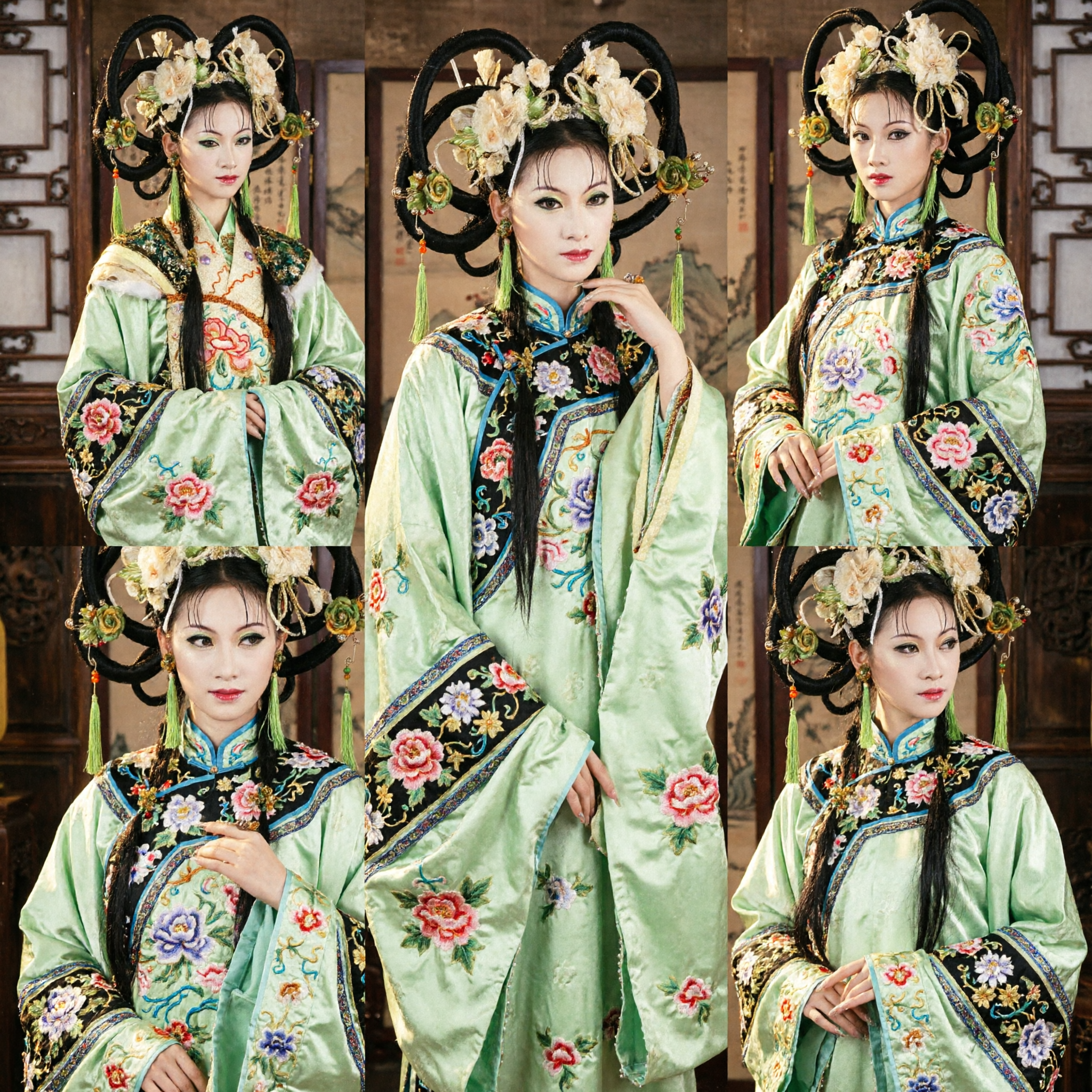 Traditional Chinese Ancient Palace Lady Hair Accessories Green Flower Headpiece with Tassels for Hanfu Cosplay Performance - Asian Costume