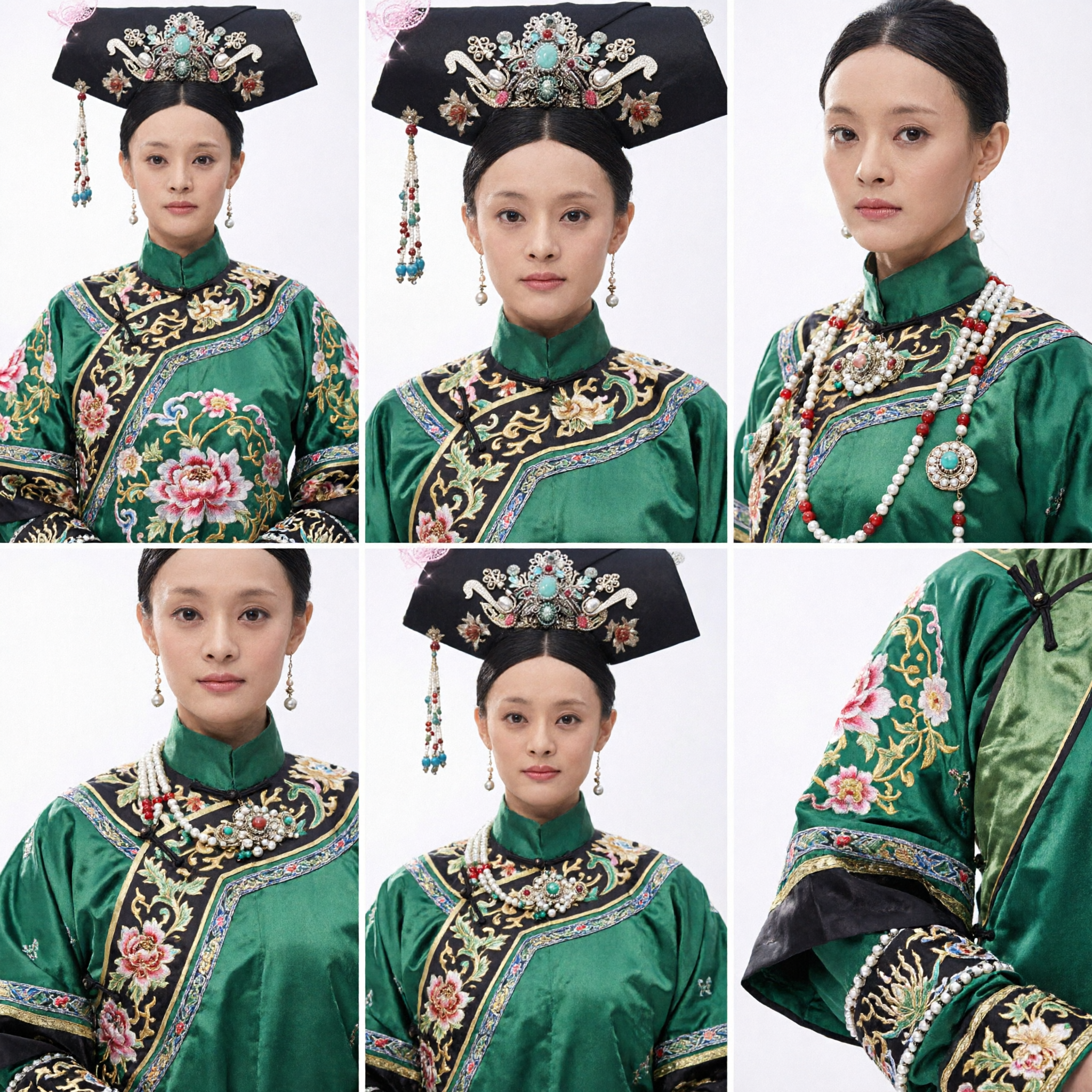 Traditional Chinese Qing Dynasty Manchu Empress Headdress Black Hair Jewelry with Turquoise Pearls for Women Cosplay - Asian Costume