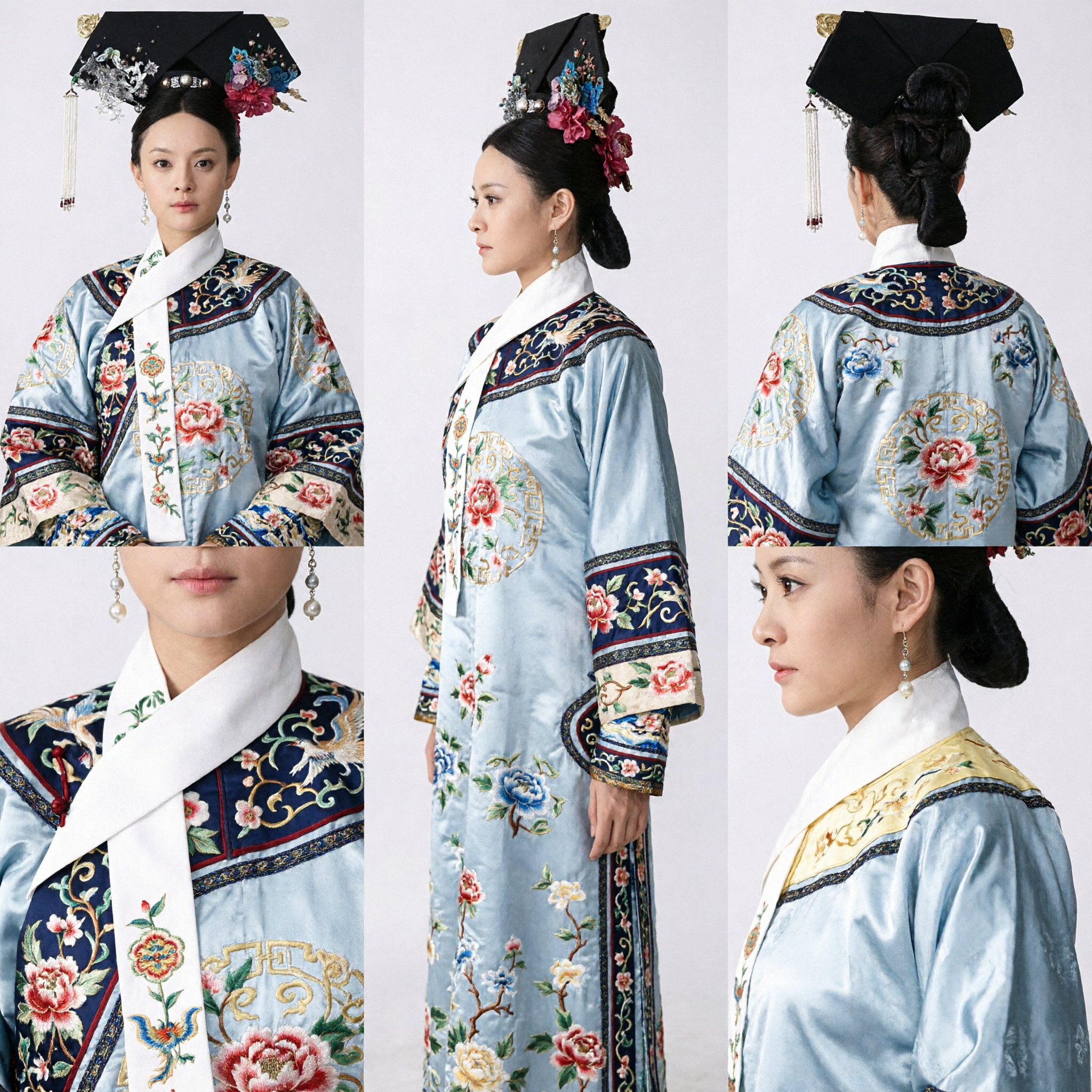 Traditional Chinese Manchu Qing Dynasty Palace Lady Black Velvet Headdress with Pearl and Floral Hairpins for Costume - Asian Costume