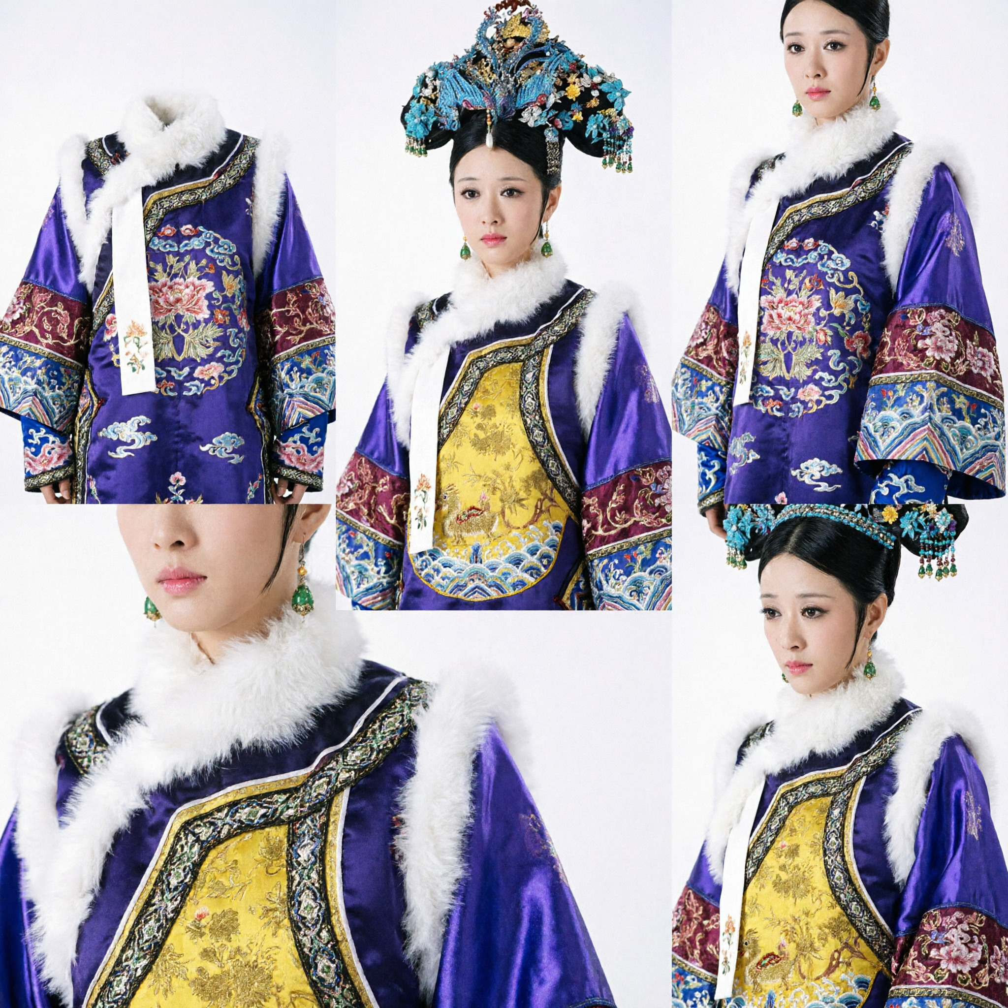 Traditional Chinese Qing Dynasty Concubine Costume Purple Robe with Elaborate Blue Floral Headdress for Women Cosplay - Asian Costume