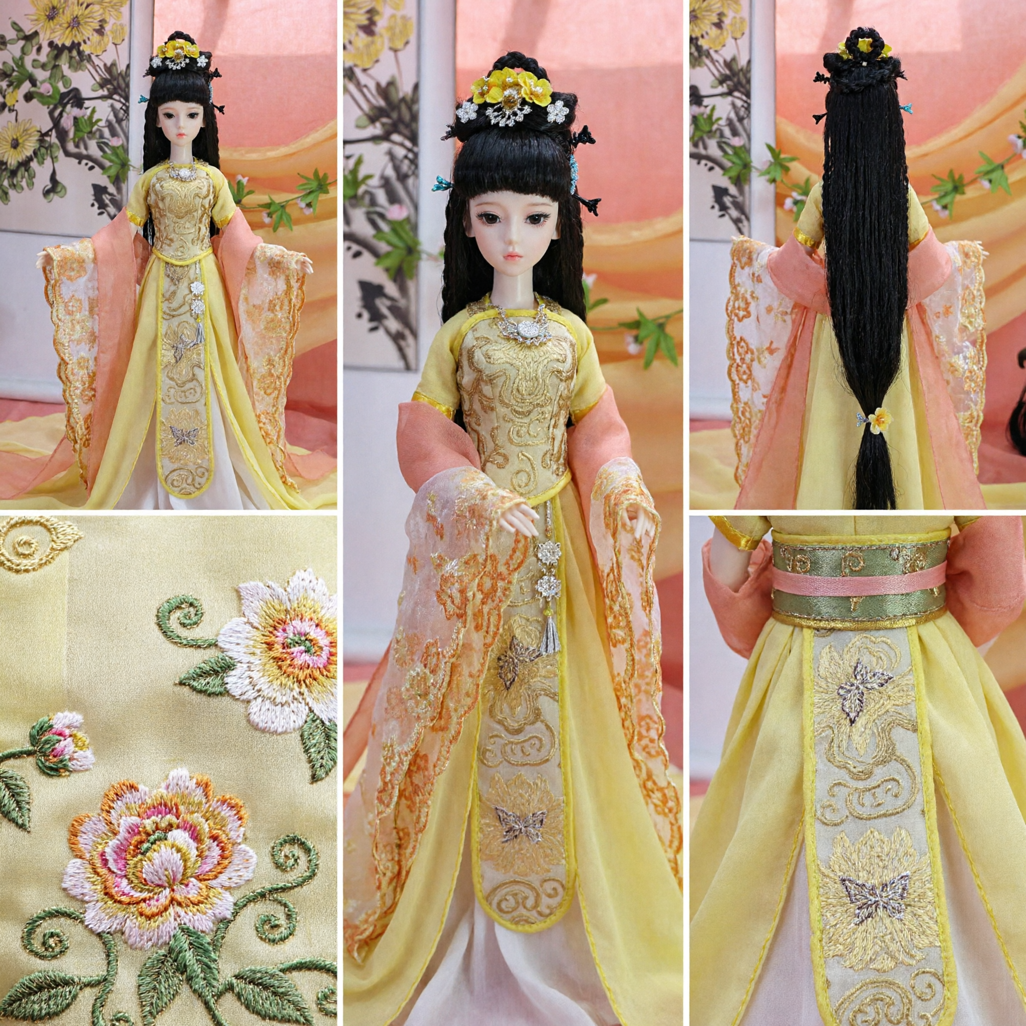 Traditional Chinese Hanfu Doll Costume Yellow Ancient Princess Dress with Hair Accessories for Collectors - Asian Costume