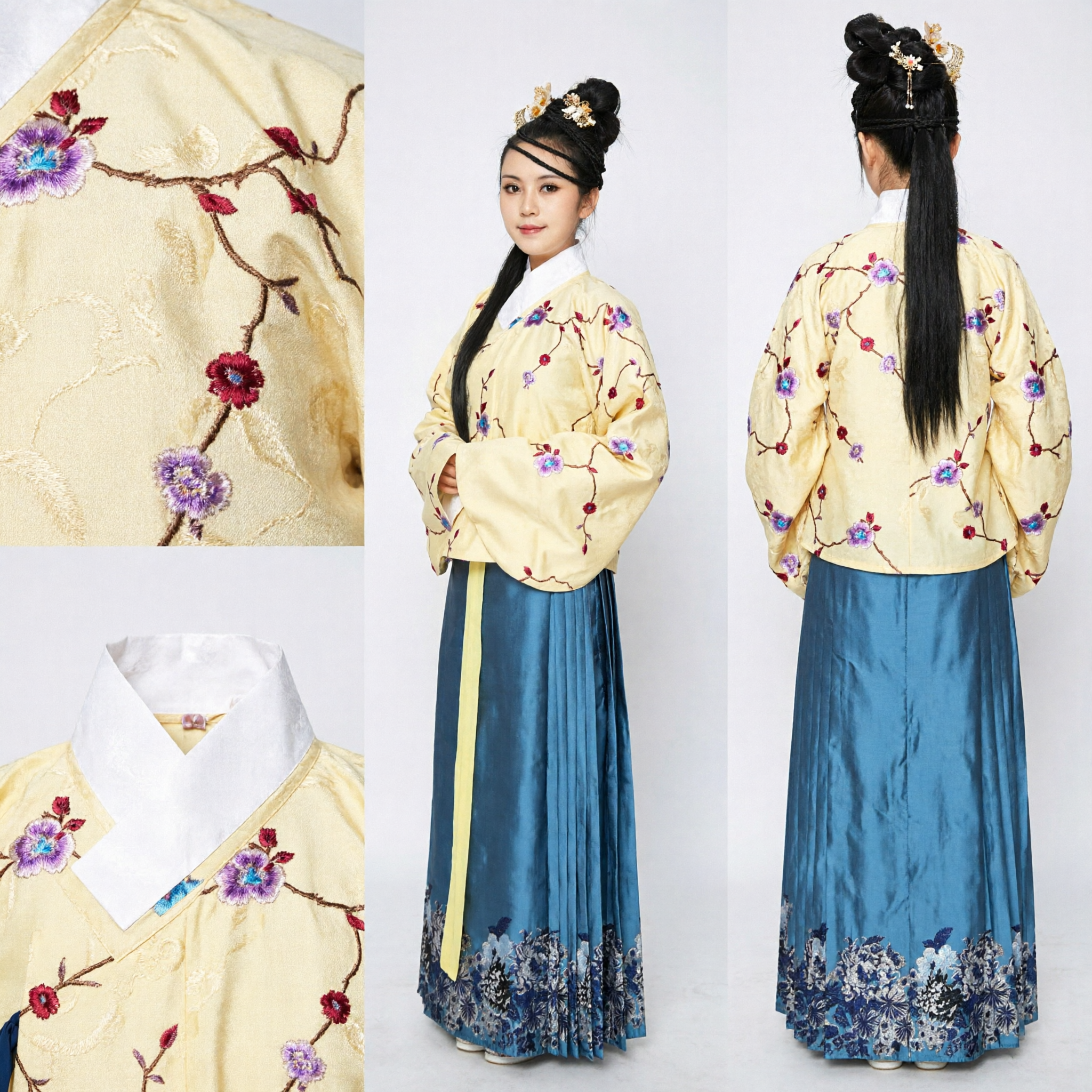 Traditional Chinese Hanfu Clothing Set Ming Dynasty Style Yellow Floral Embroidery Top and Blue Skirt - Asian Costume