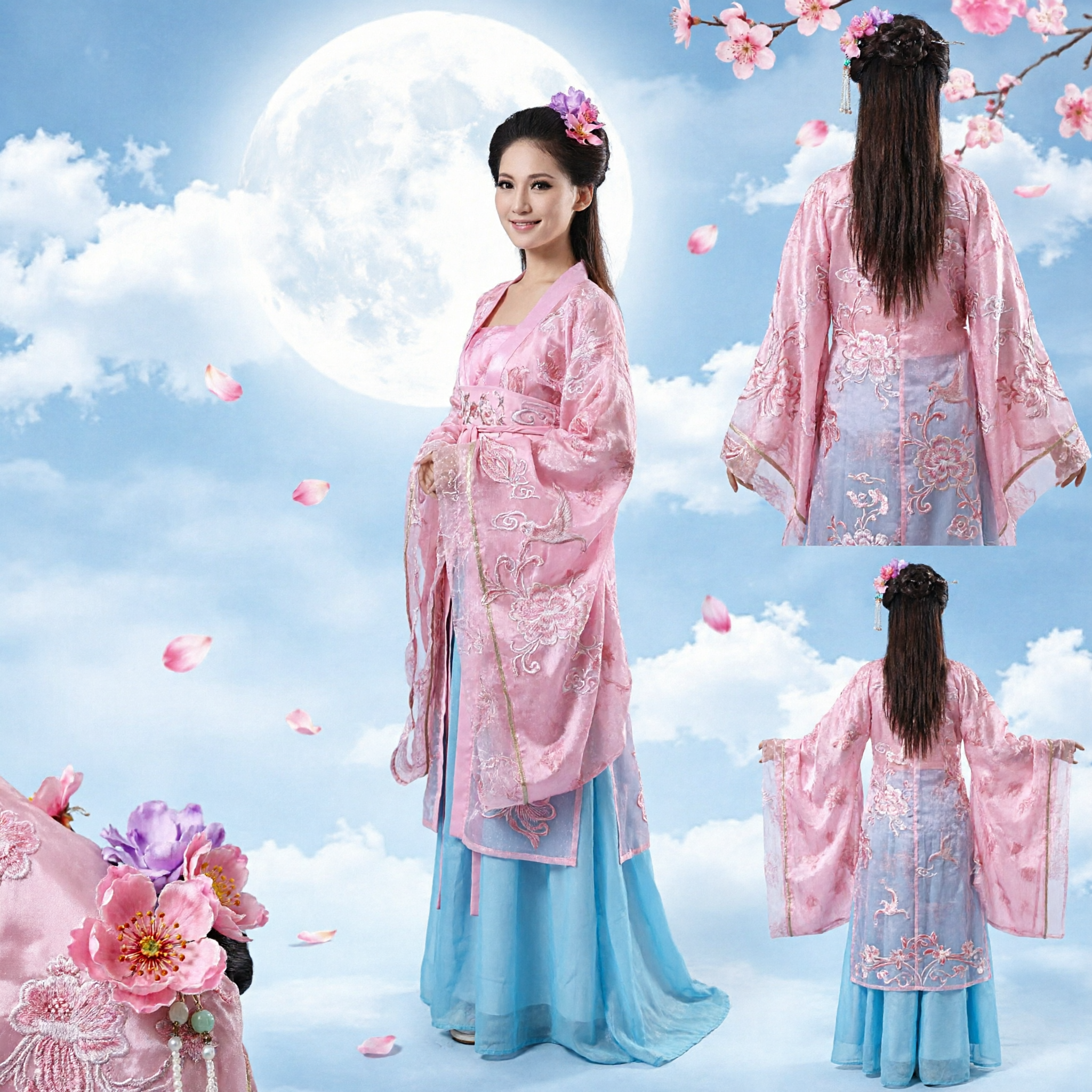 Pink Floral Hanfu Traditional Chinese Clothing Chang'e Moon Goddess Costume for Women Mid-Autumn Festival - Asian Costume