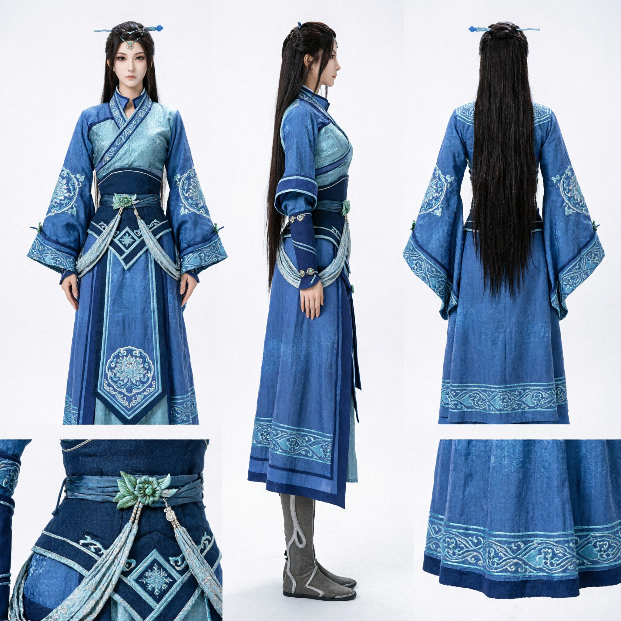 Ancient Chinese Wuxia Blue Warrior Costume Traditional Hanfu Martial Arts Cosplay Outfit for Women - Asian Costume