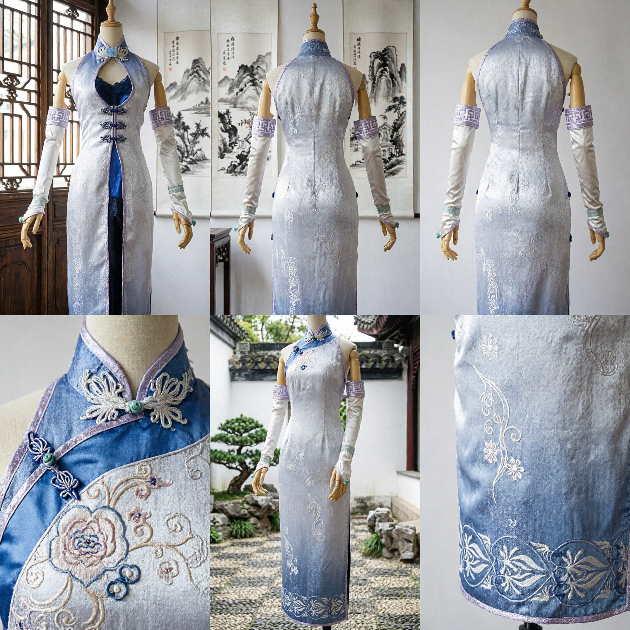 Elegant White and Blue Gradient Chinese Cheongsam Qipao Dress Traditional Costume for Women Cosplay Performance - Asian Costume