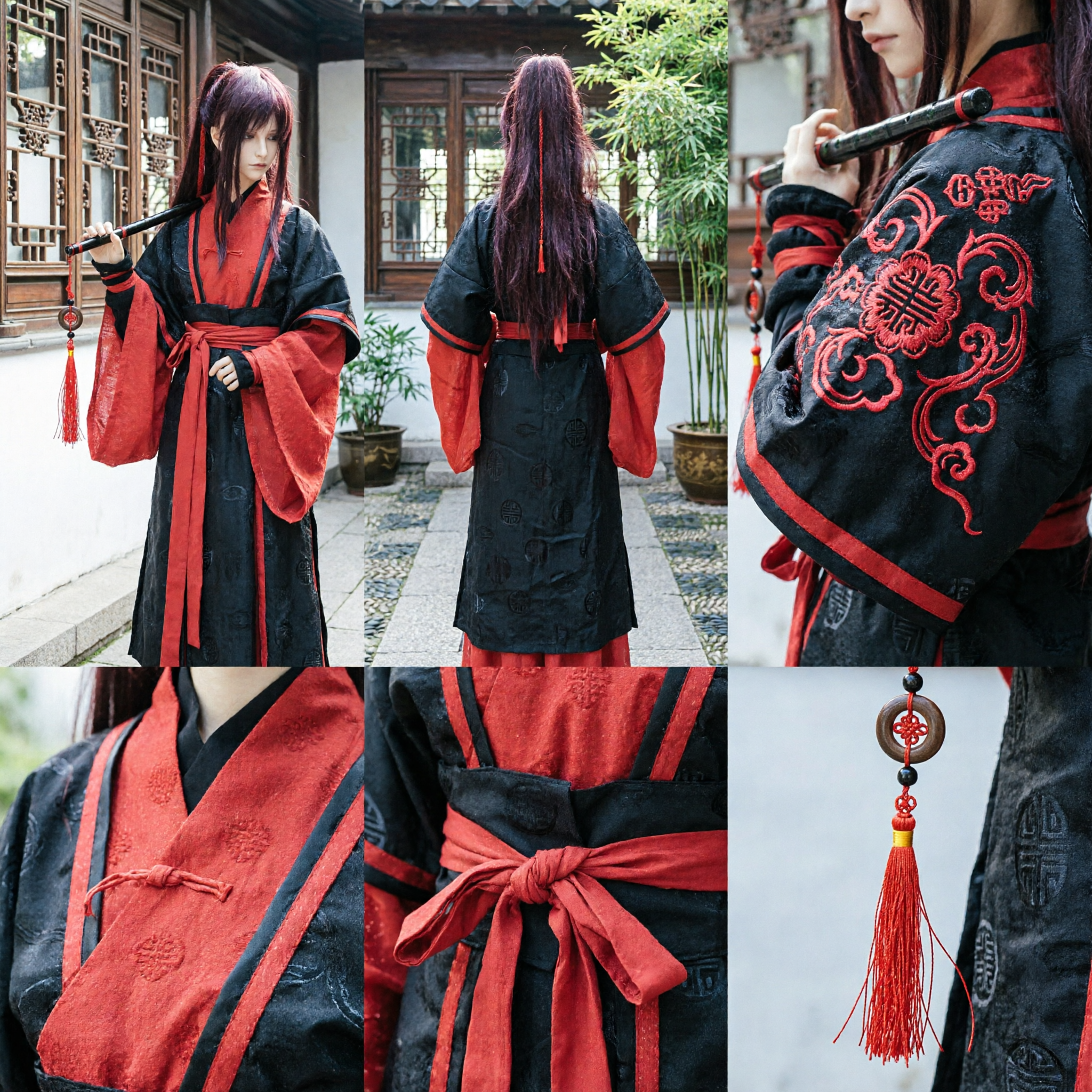 Ancient Chinese Wuxia Hanfu Costume for Male BJD Dolls Black Red Swordsman Outfit Set - Asian Costume