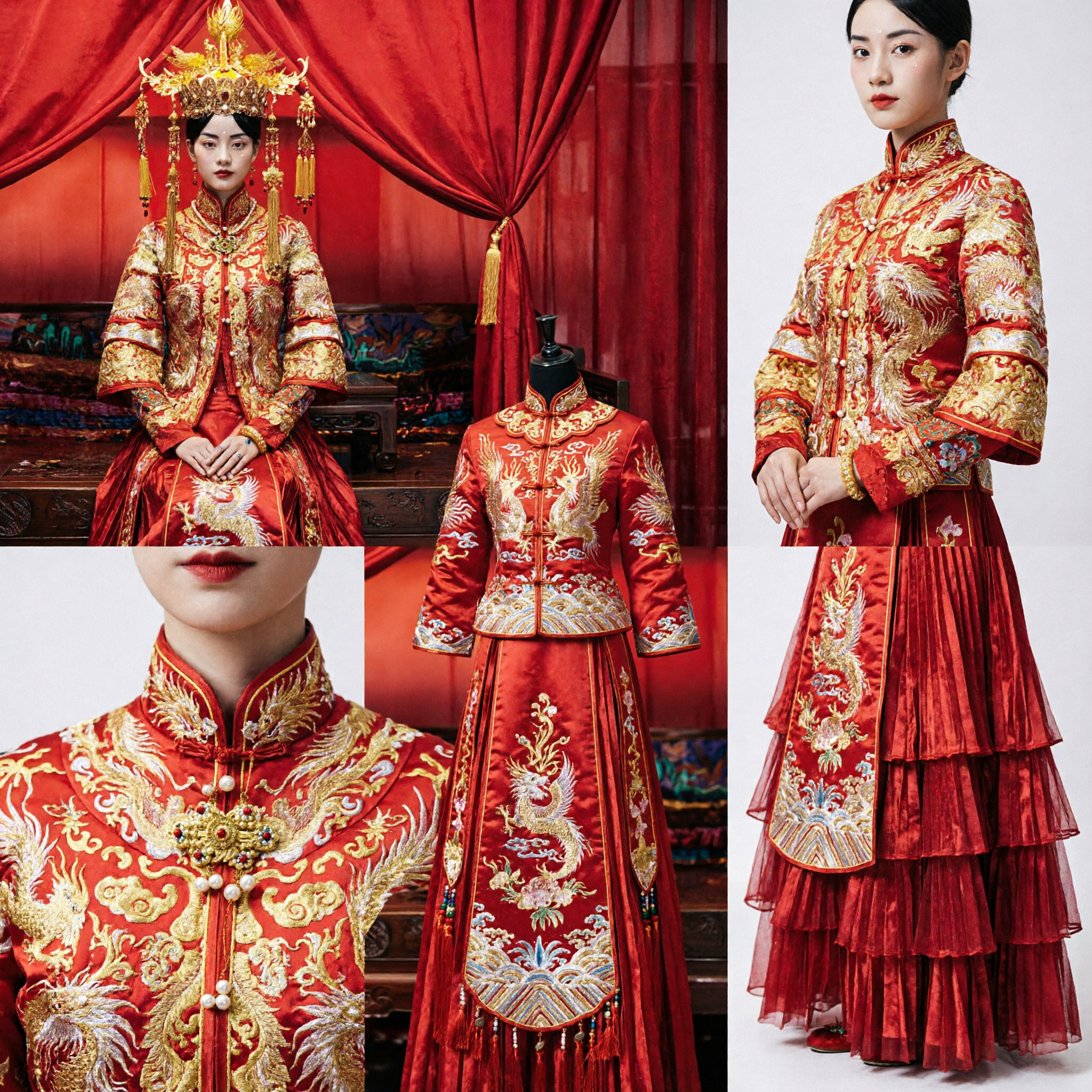 Traditional Chinese Wedding Dress Red and Gold Embroidered Xiuhe Suit with Phoenix Crown for Bride - Asian Costume