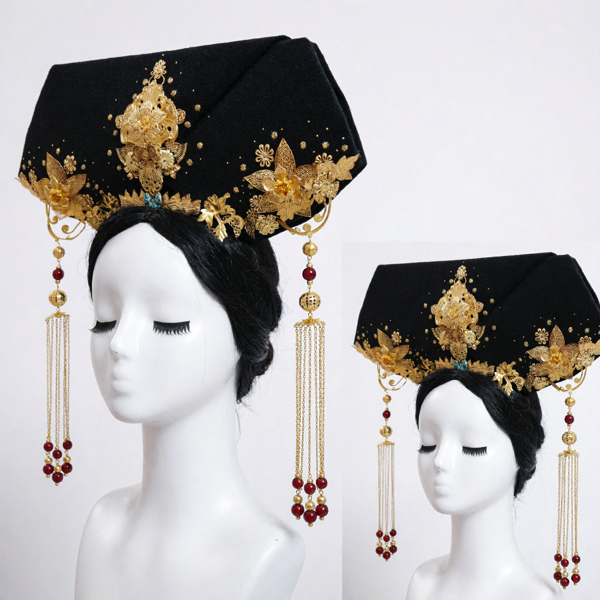 Traditional Chinese Qing Dynasty Manchu Empress Headdress Black Gold Floral Crown Hair Accessory for Cosplay - Asian Costume