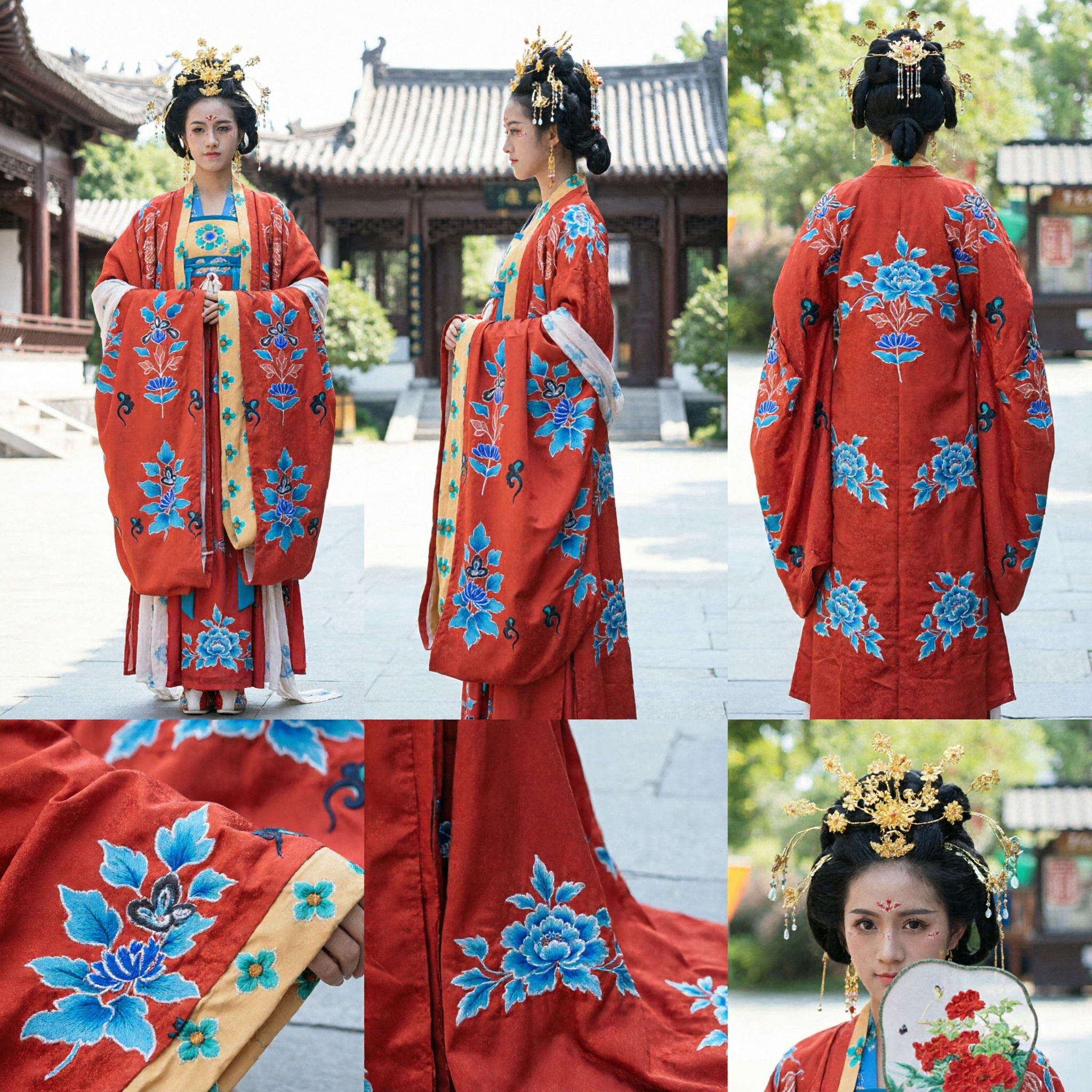 Traditional Chinese Tang Dynasty Hanfu Red Floral Embroidered Palace Costume Set for Women - Asian Costume