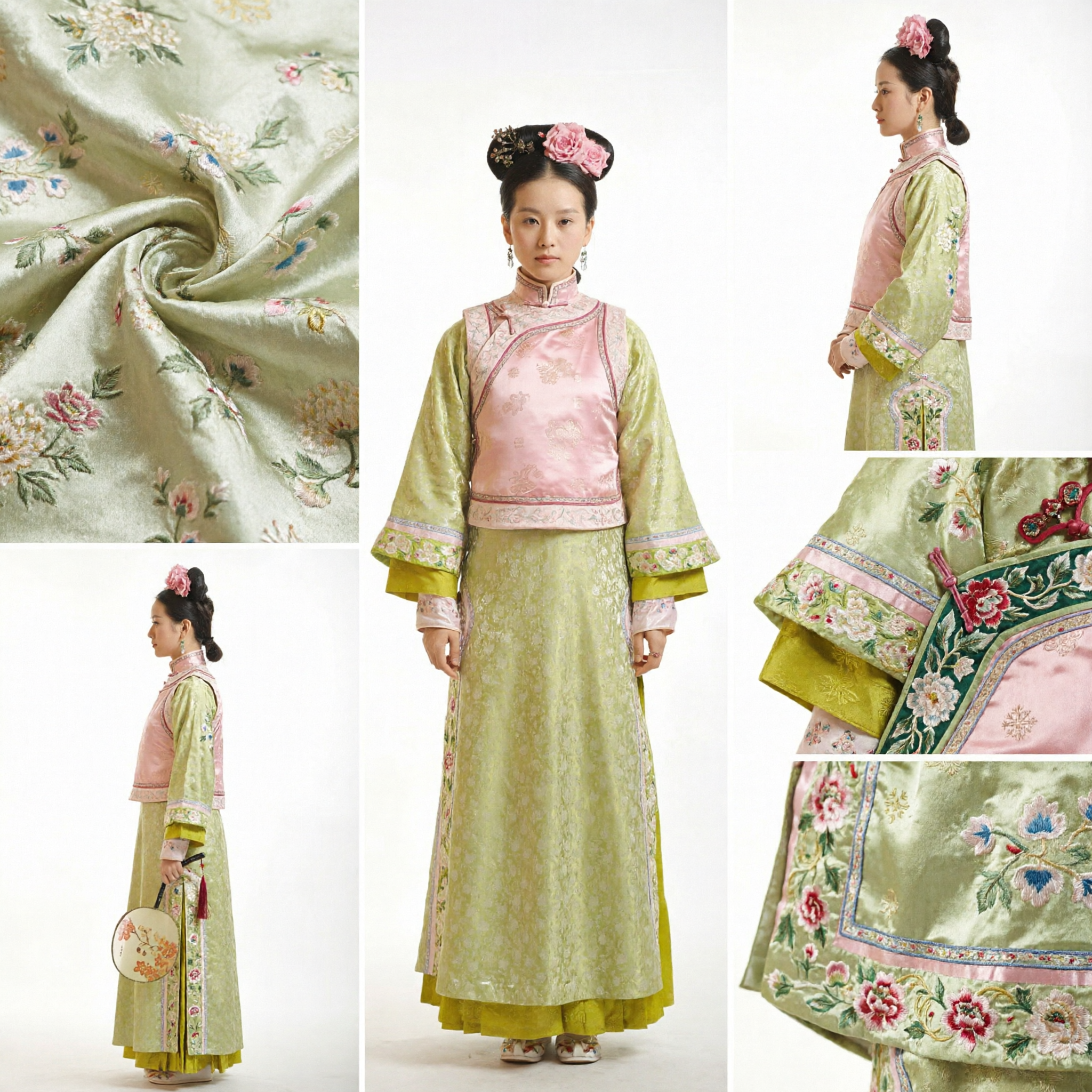 Traditional Chinese Qing Dynasty Manchu Princess Costume Green and Pink Palace Lady Dress for Women Stage Performance - Asian Costume