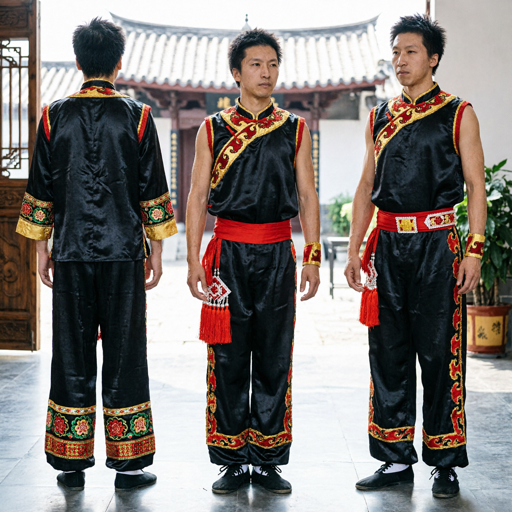 Professional Men's Wushu Kung Fu Uniform Black Red Gold Embroidered Sleeveless Martial Arts Set for Competition - Asian Costume