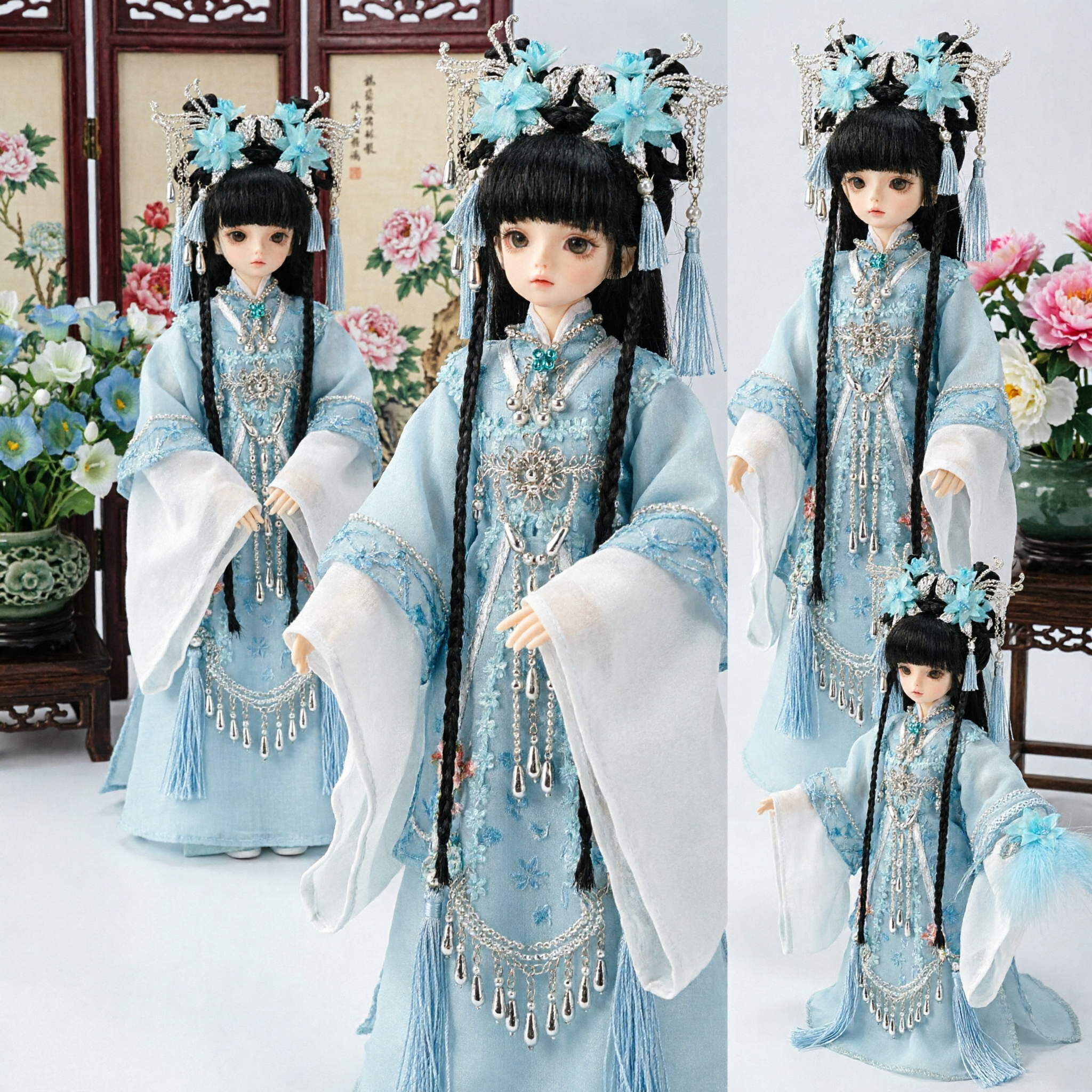 Elegant Light Blue Ancient Chinese Hanfu Costume with Headdress for BJD Smart Doll Cosplay - Asian Costume