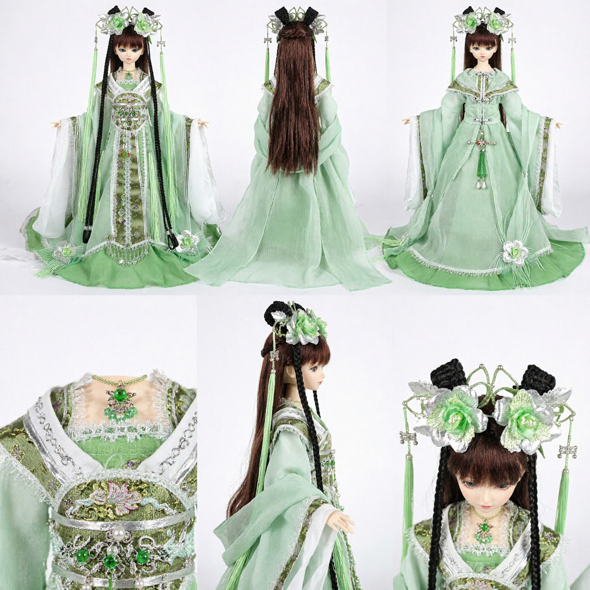 Traditional Chinese Green Hanfu Costume for Dolls Ancient Palace Princess Dress with Ornate Headpiece Set - Asian Costume