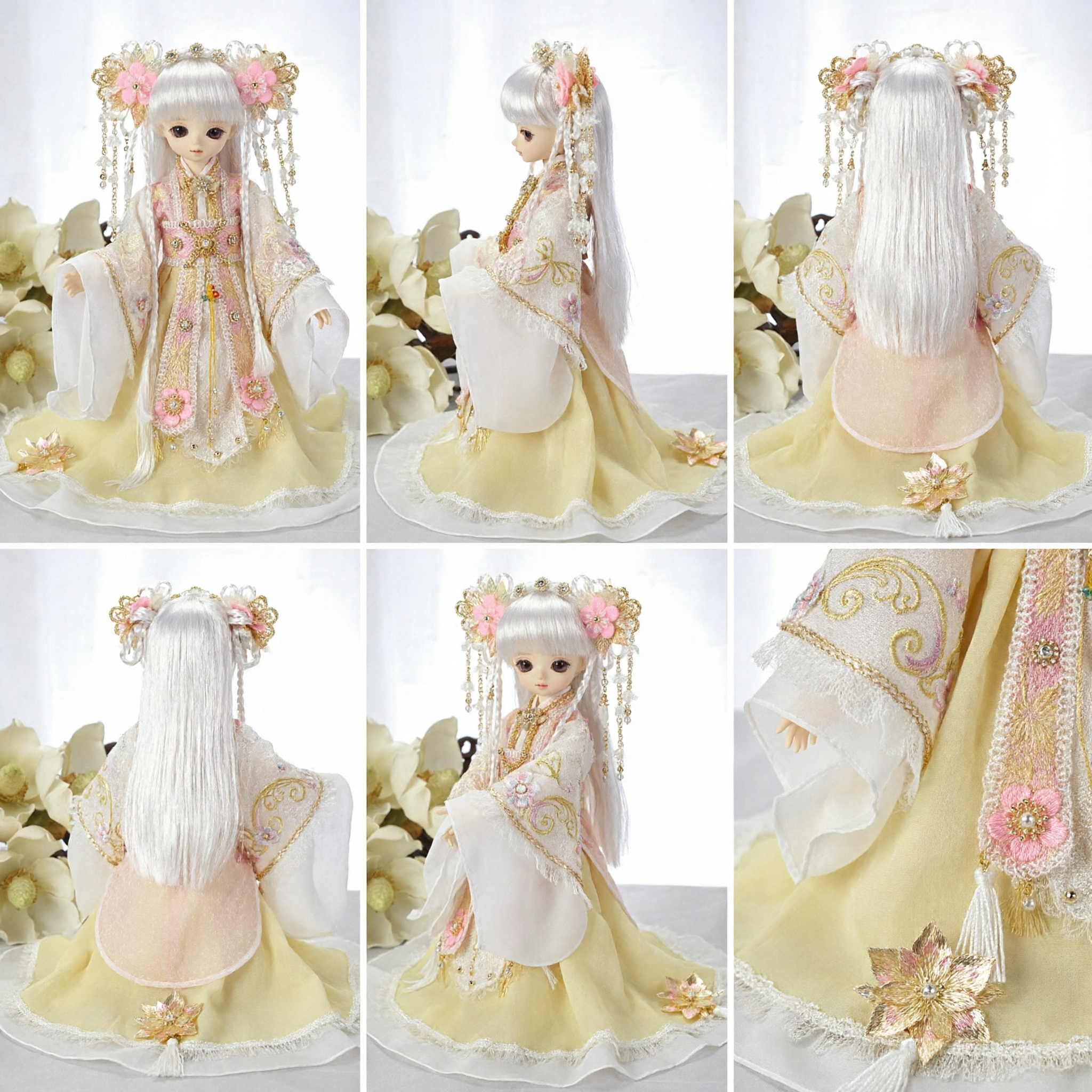 Traditional Chinese Hanfu Doll Costume Pink Floral Princess Dress with Headdress for BJD Collectors - Asian Costume