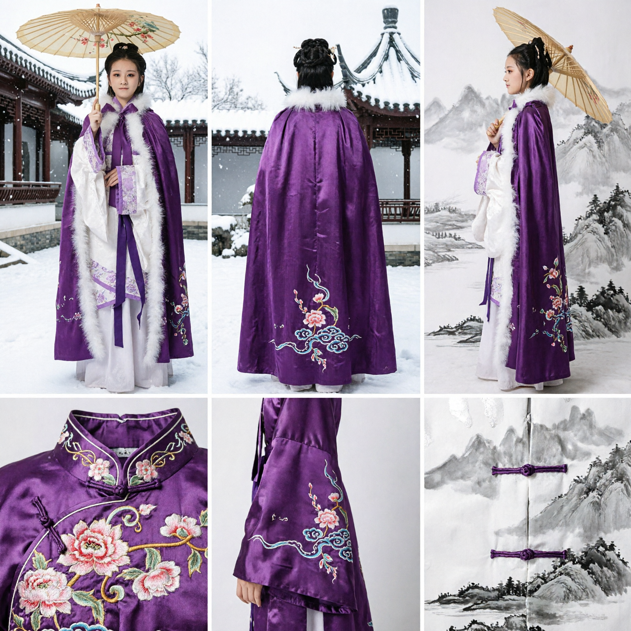 Ancient Chinese Purple Hanfu Winter Cloak with White Fur Trim Traditional Cosplay Costume for Women - Asian Costume