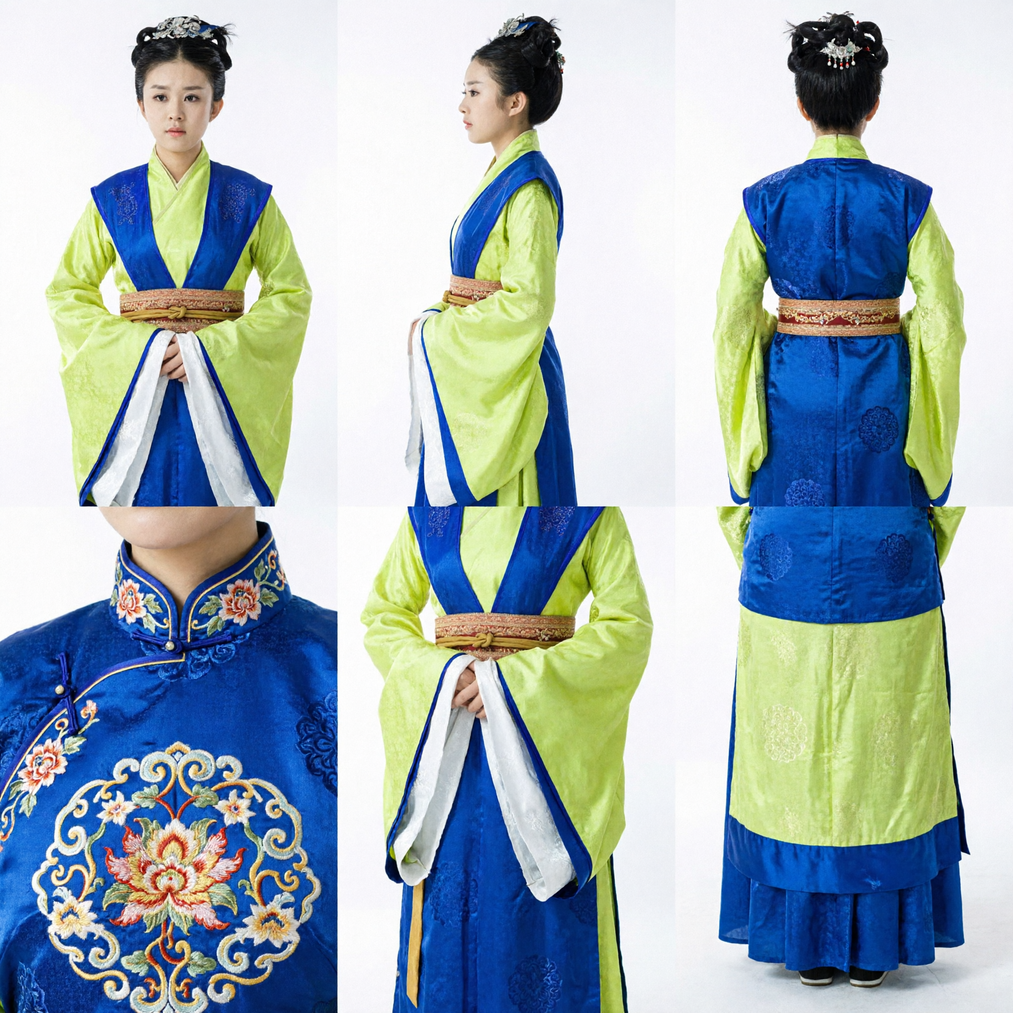 Womens Ancient Chinese Hanfu Costume Traditional Lime Green Robe Blue Vest for Historical Drama Cosplay - Asian Costume