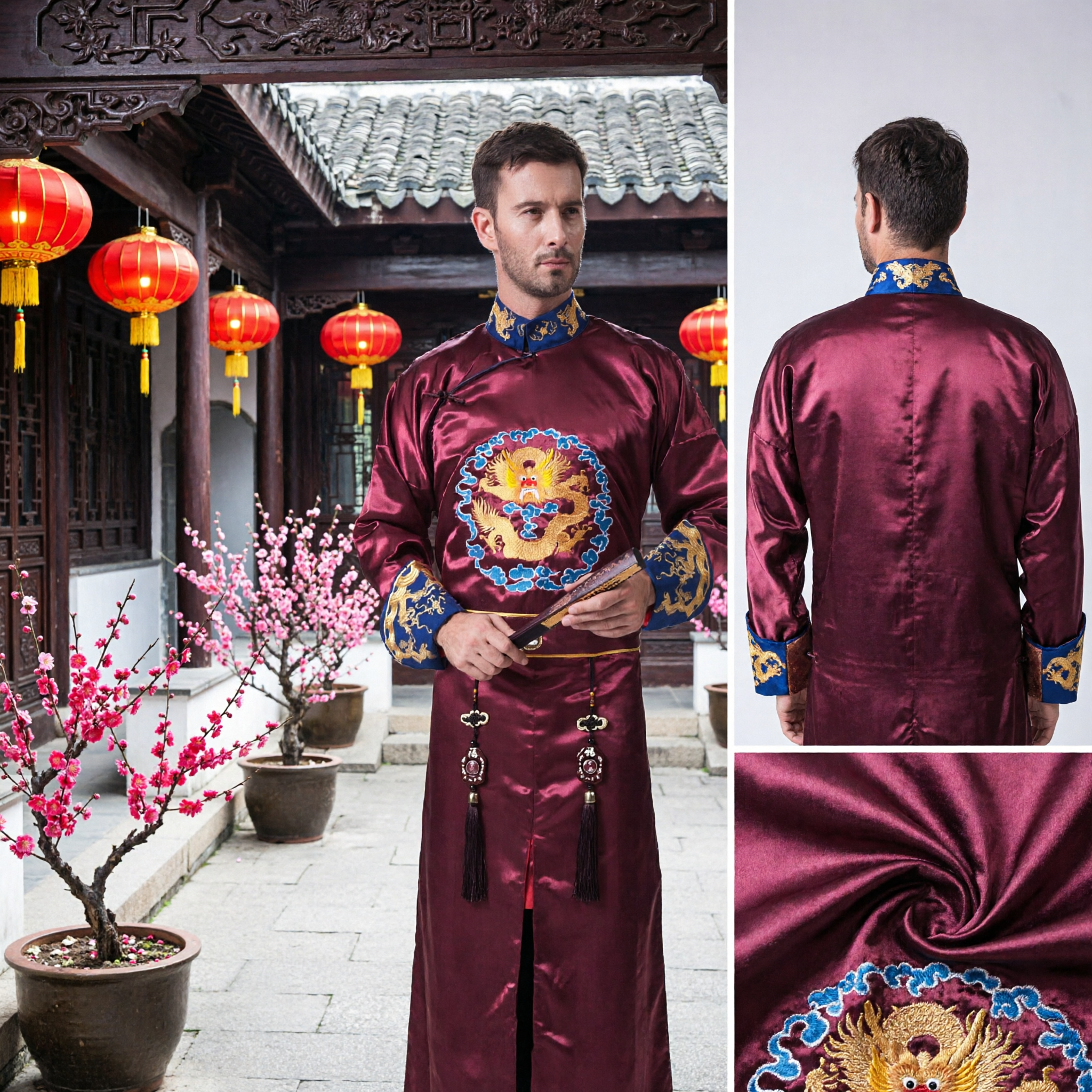 Men's Traditional Chinese Tang Suit Burgundy Dragon Embroidery Satin Mandarin Collar Wedding Groom Performance Costume - Asian Costume