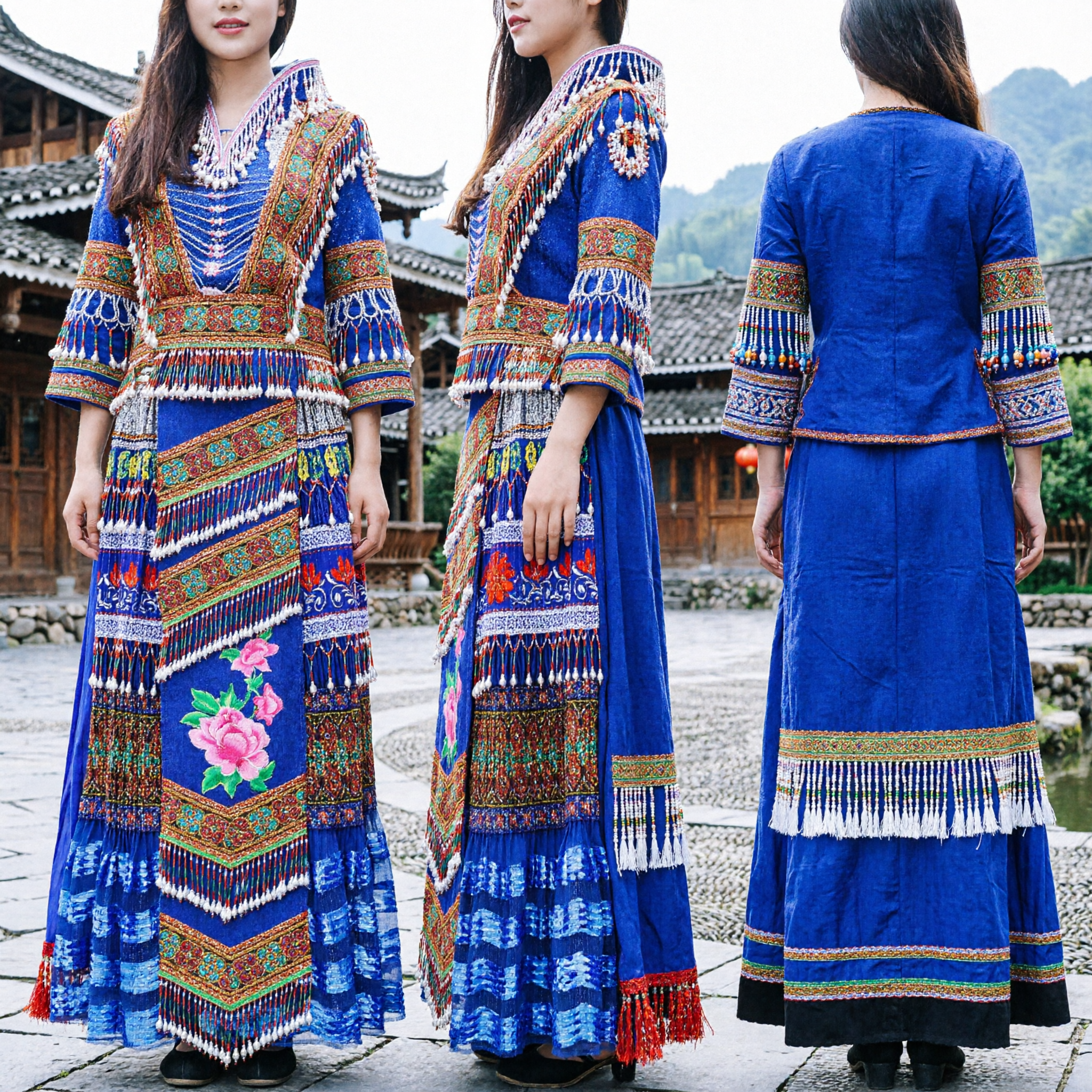 Traditional Chinese Miao Ethnic Minority Blue Embroidered Folk Dance Costume Dress for Women Performance - Asian Costume