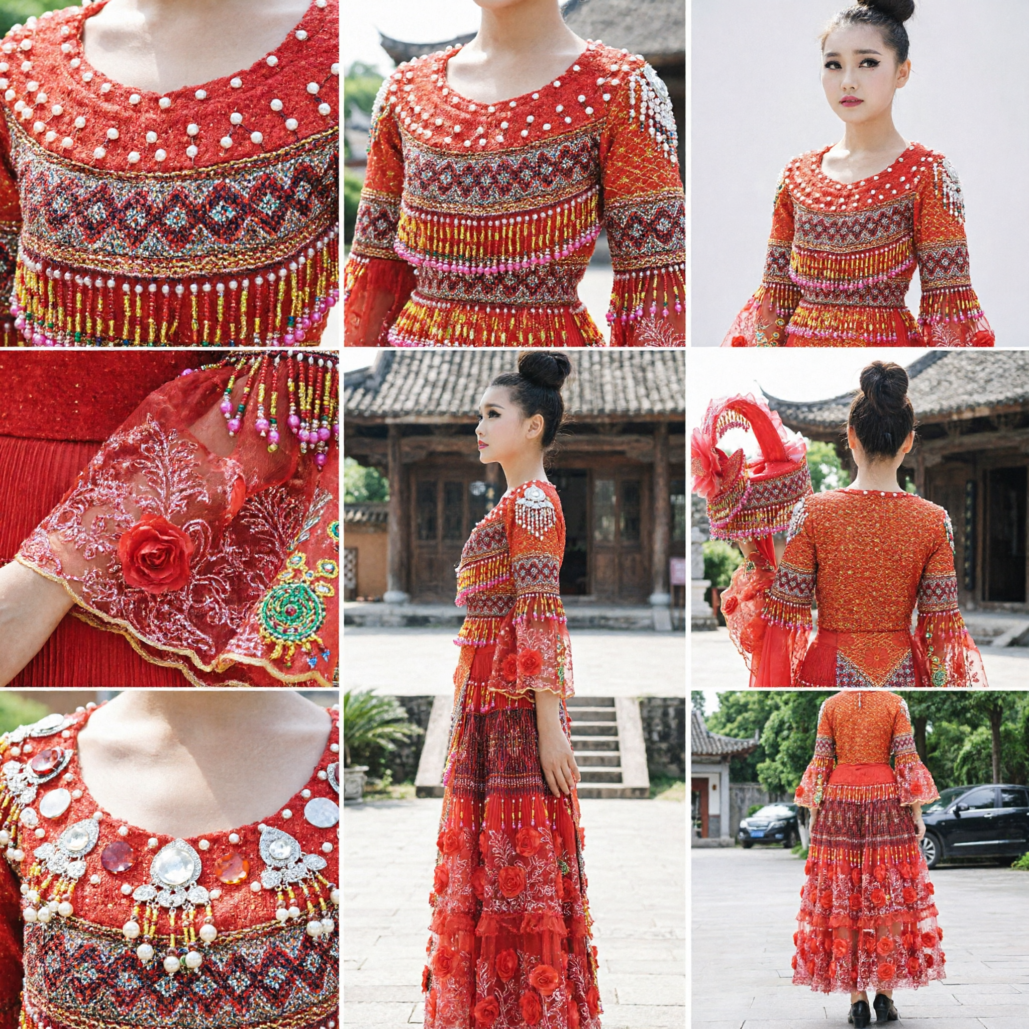 Traditional Chinese Ethnic Minority Dance Costume Red Embroidered Stage Performance Dress with Headdress for Women - Asian Costume