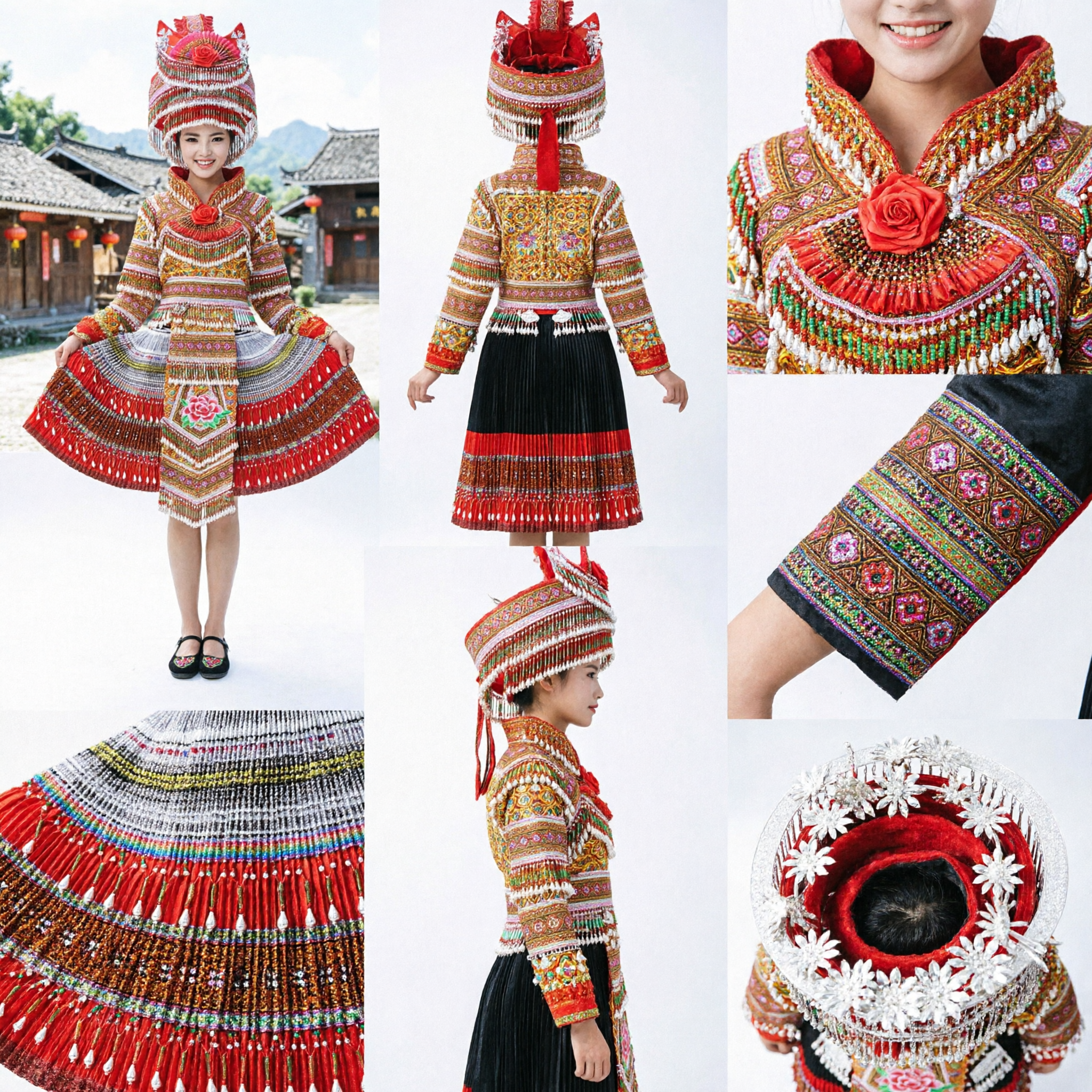 Traditional Chinese Ethnic Minority Folk Dance Costume for Women Complete Stage Performance Set with Ornate Headdress - Asian Costume