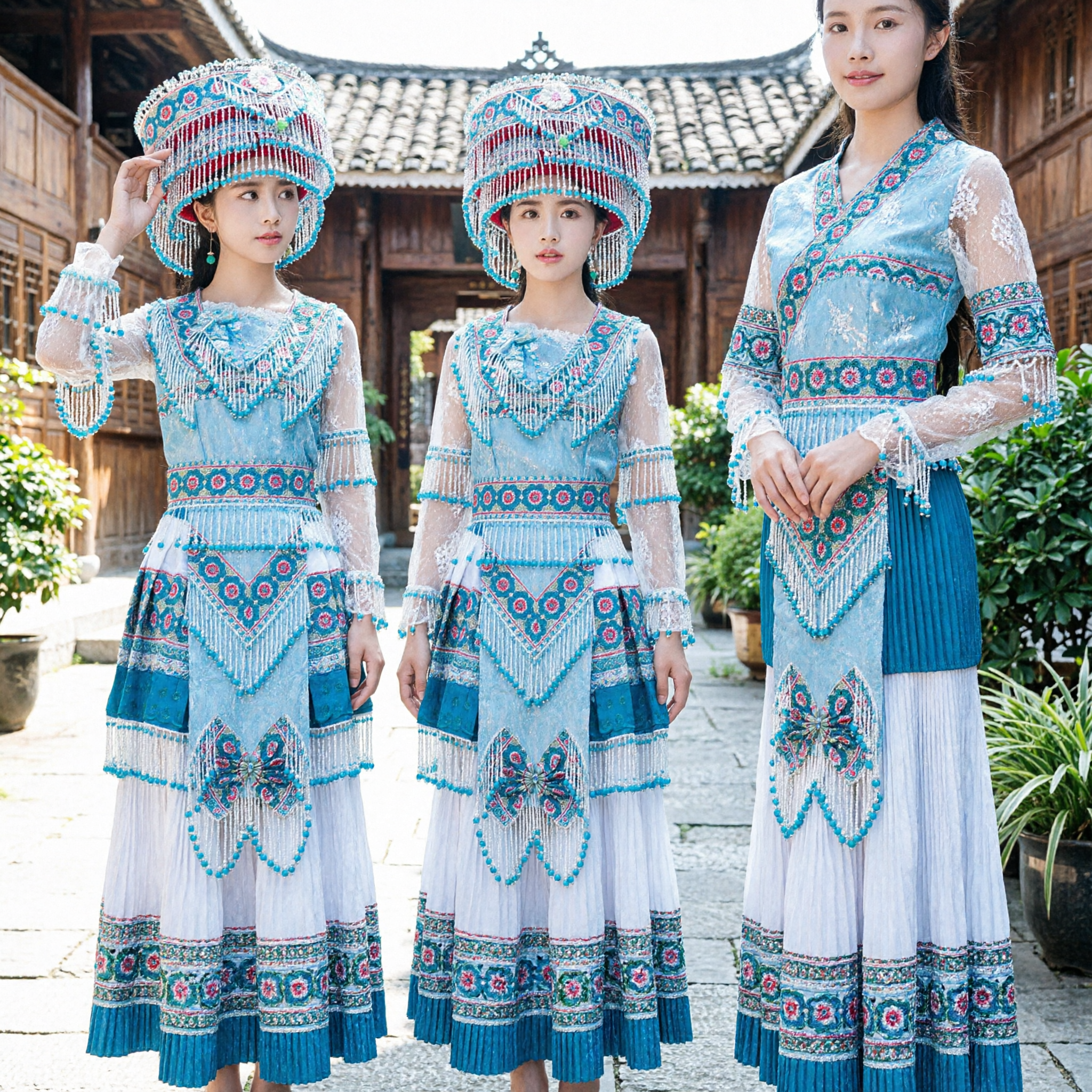 Traditional Chinese Ethnic Minority Costume Blue Embroidered Fringe Dress and Headdress Set for Folk Dance Wedding Performance - Asian Costume
