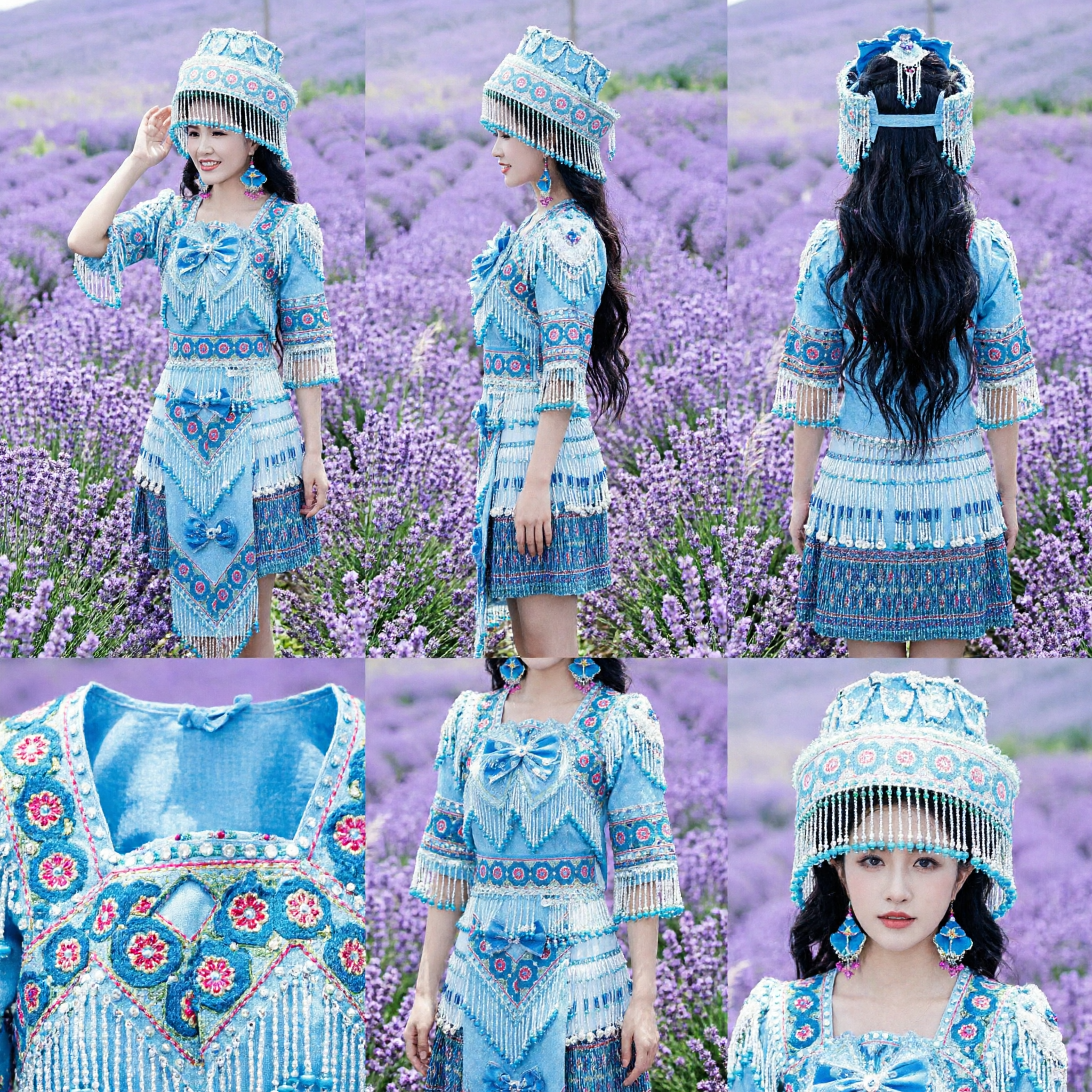Exquisite Blue Chinese Ethnic Minority Traditional Dress and Headdress Set for Women Folk Dance Stage Performance - Asian Costume