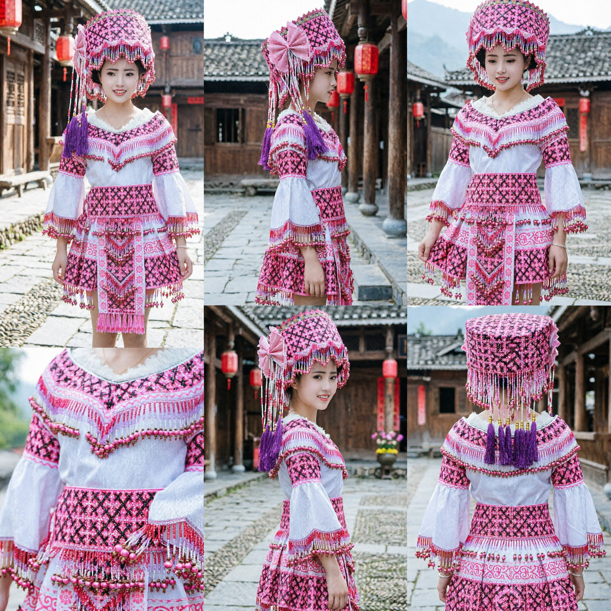 Traditional Chinese Ethnic Miao Costume Pink Embroidered Dress with Beaded Hat Folk Dance Performance Outfit for Women - Asian Costume