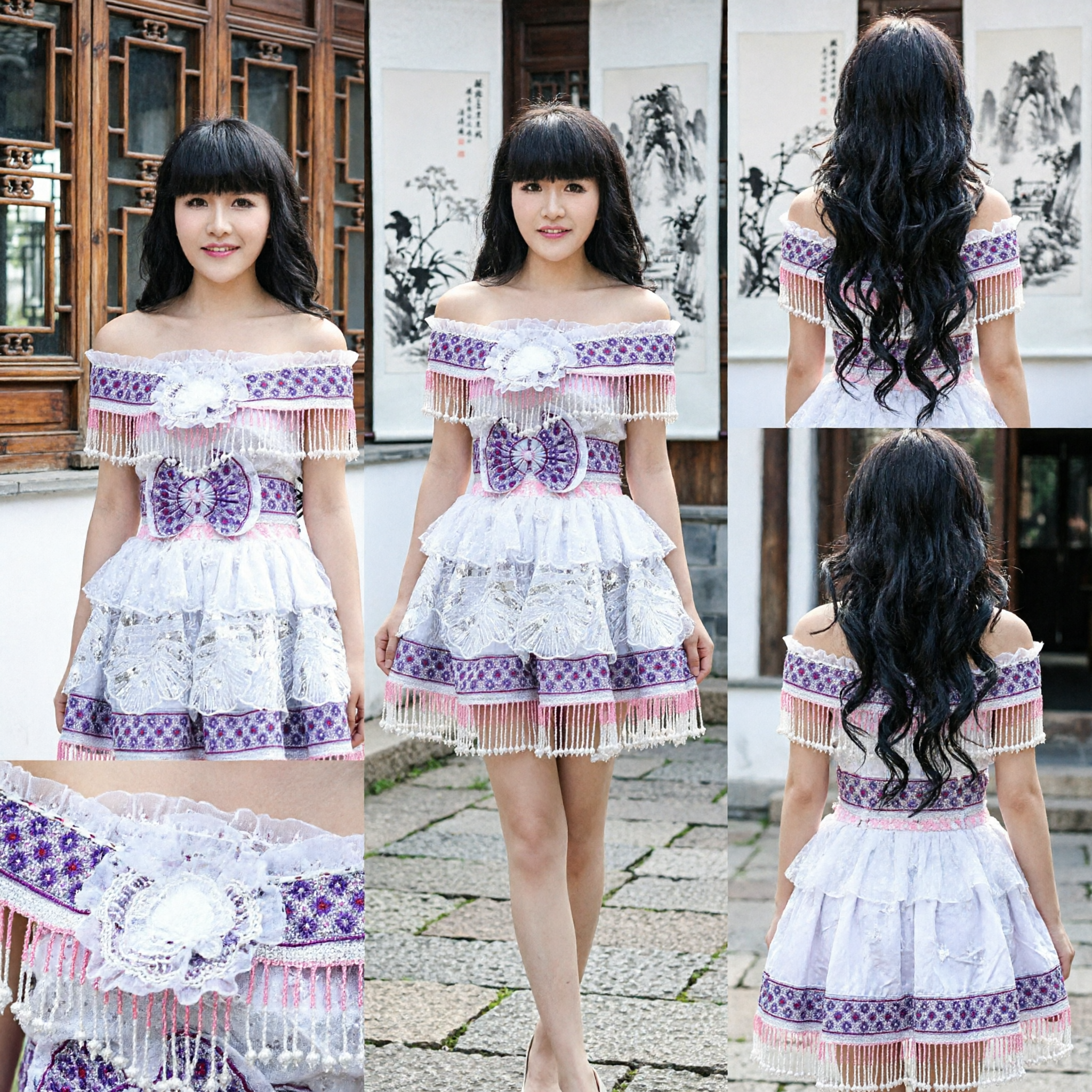 Traditional Chinese Miao Ethnic Minority Costume White Off-Shoulder Dress with Colorful Embroidery and Fringe for Dance Performance - Asian Costume