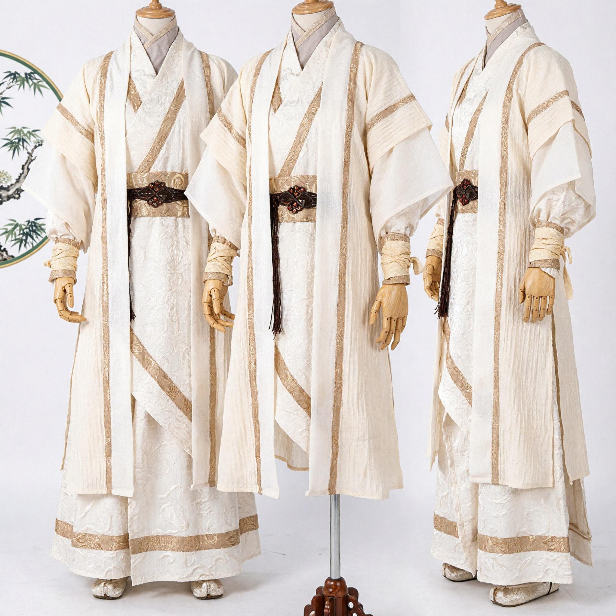 Traditional Chinese Hanfu Costume Men Cream Scholar Robe Wuxia Swordsman Cosplay Performance Outfit Set - Asian Costume