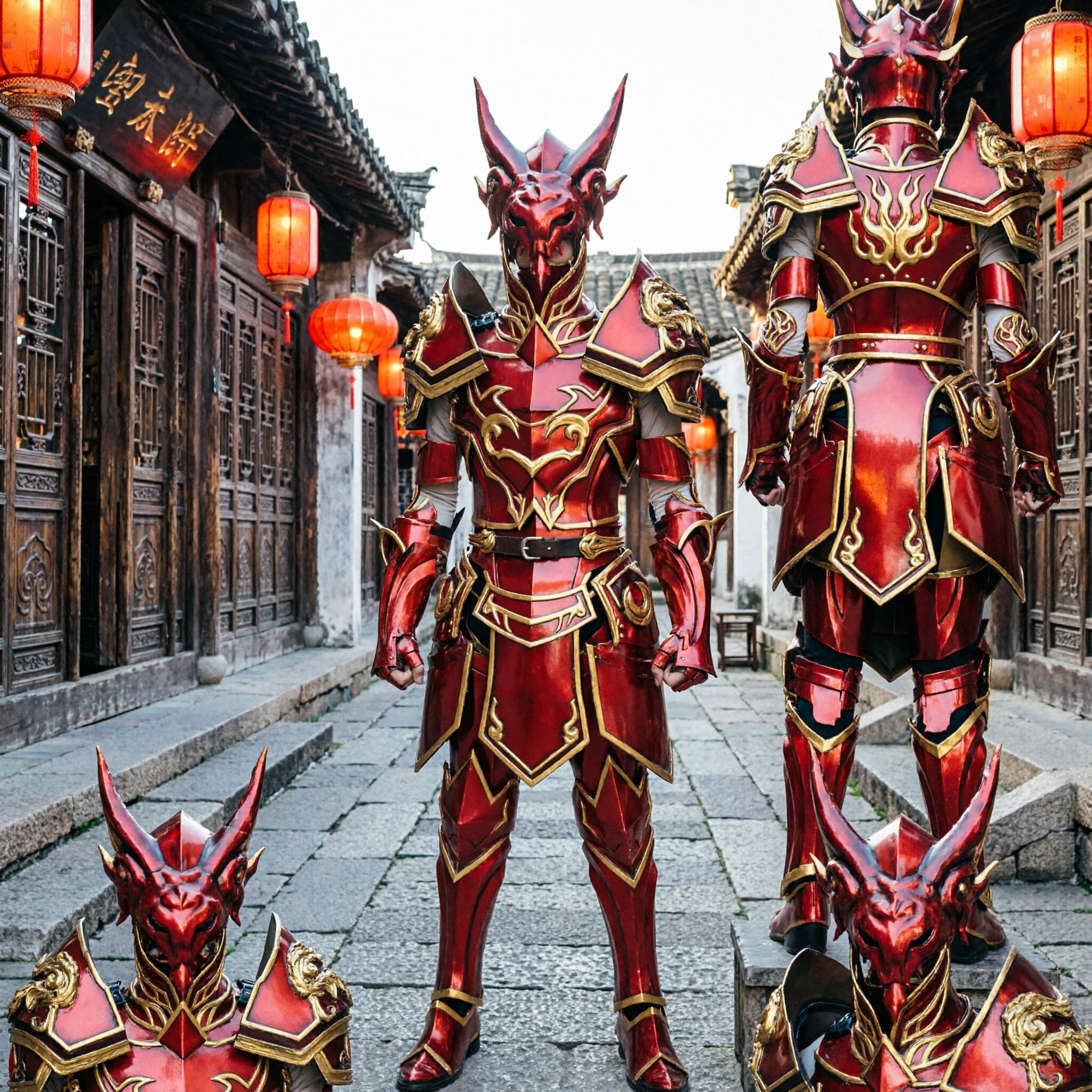 Men's Red Dragon General Armor Suit Traditional Chinese Fantasy Cosplay Costume for Stage Performance - Asian Costume