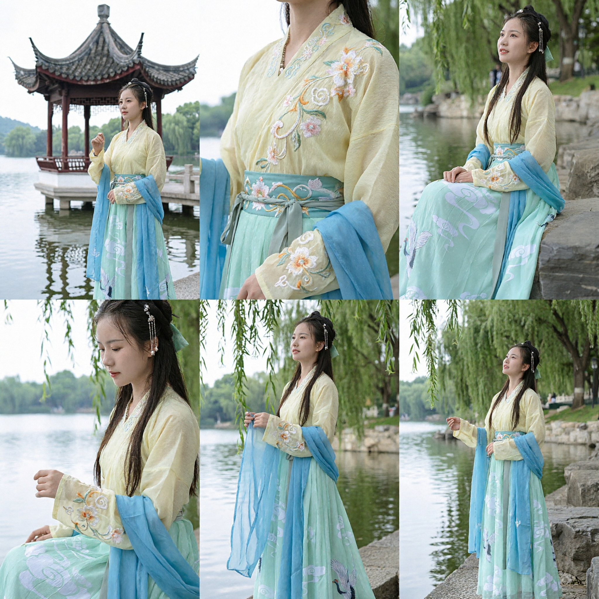 Traditional Chinese Hanfu Costume Ancient Fairy Dress Set with Blue Crane Silk Scarf for Women - Asian Costume
