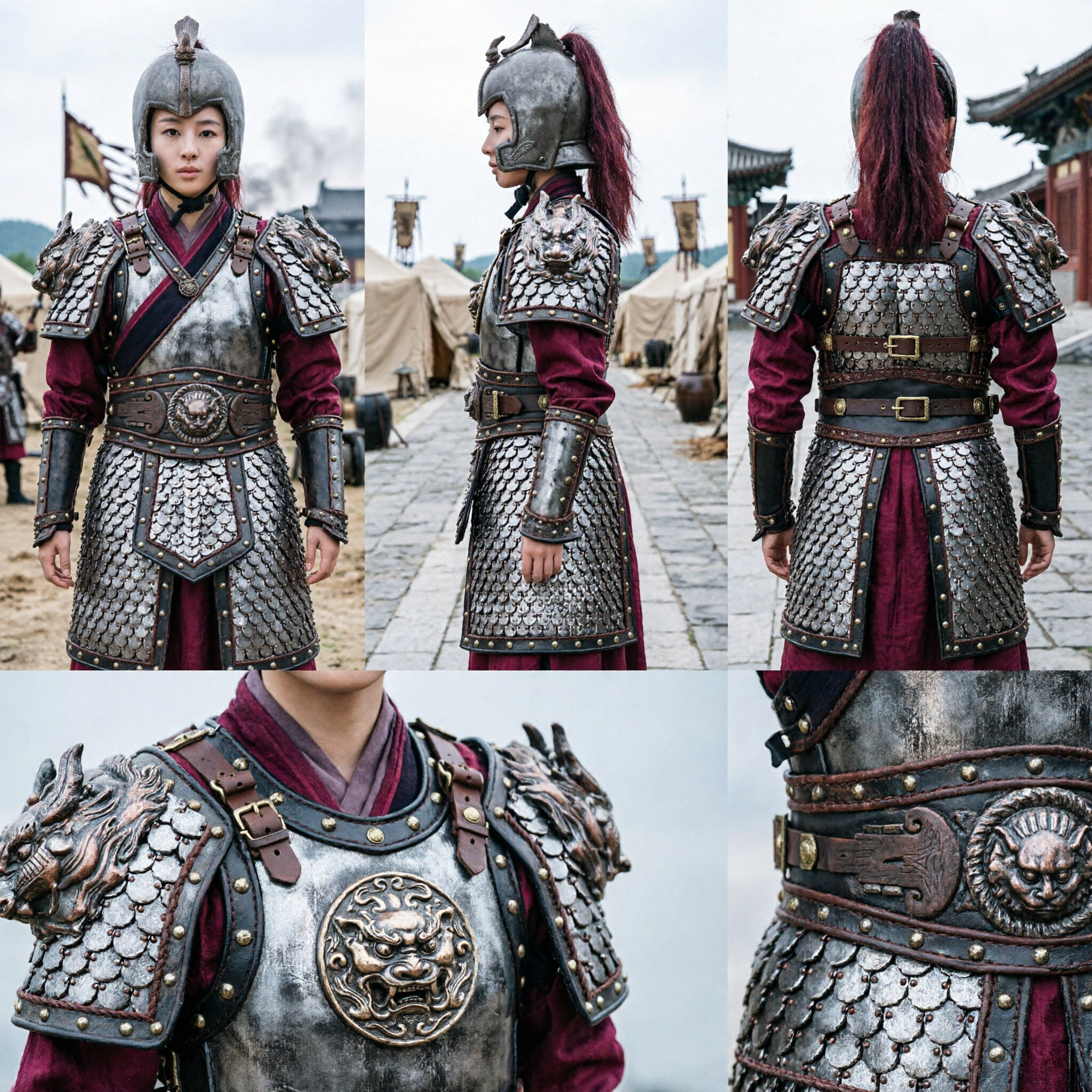 Traditional Chinese Ancient General Armor Women's Mulan Warrior Hanfu Cosplay Costume Set with Dragon Helmet - Asian Costume