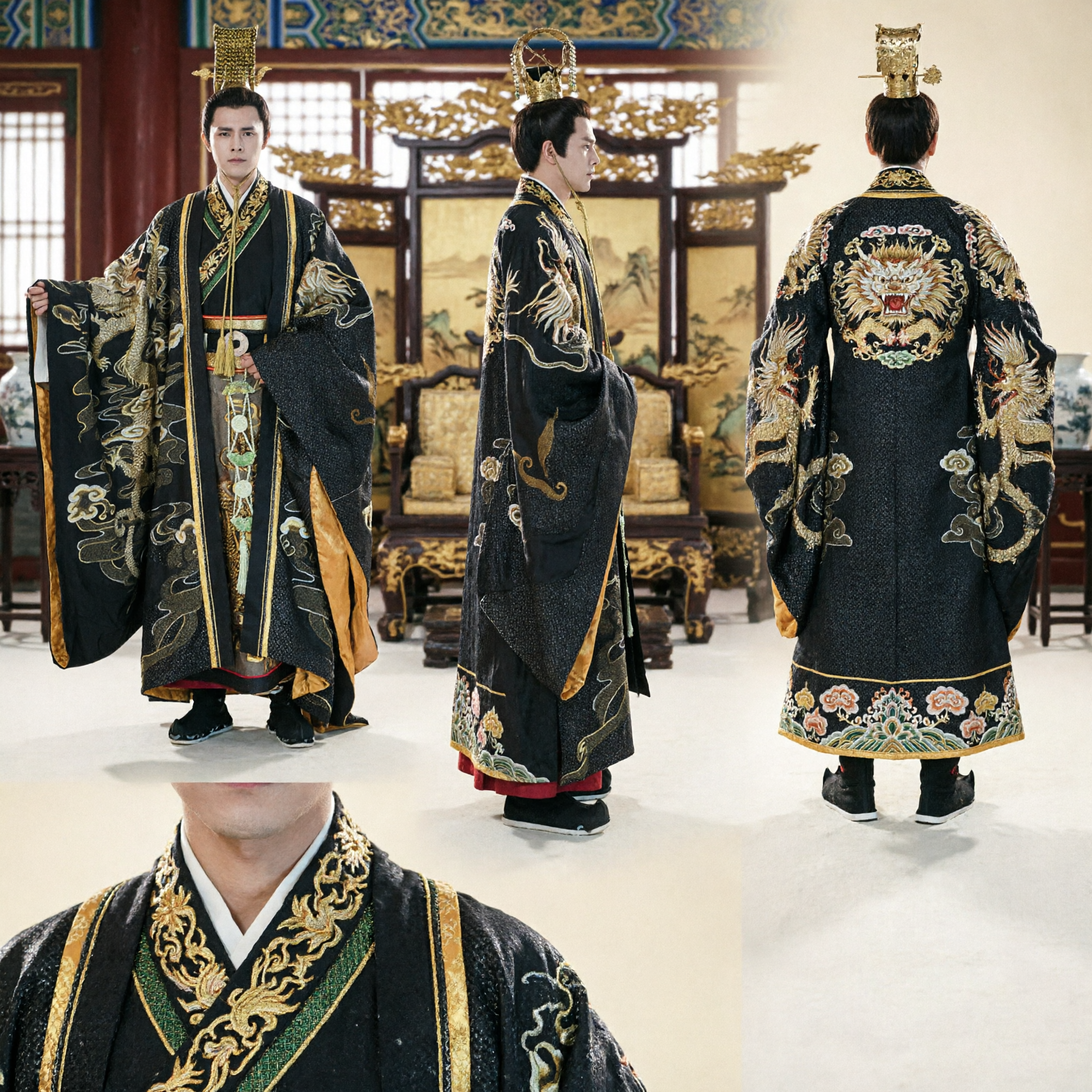 Men's Ancient Chinese Emperor Hanfu Costume Black Dragon Robe Traditional Historical Cosplay Outfit - Asian Costume