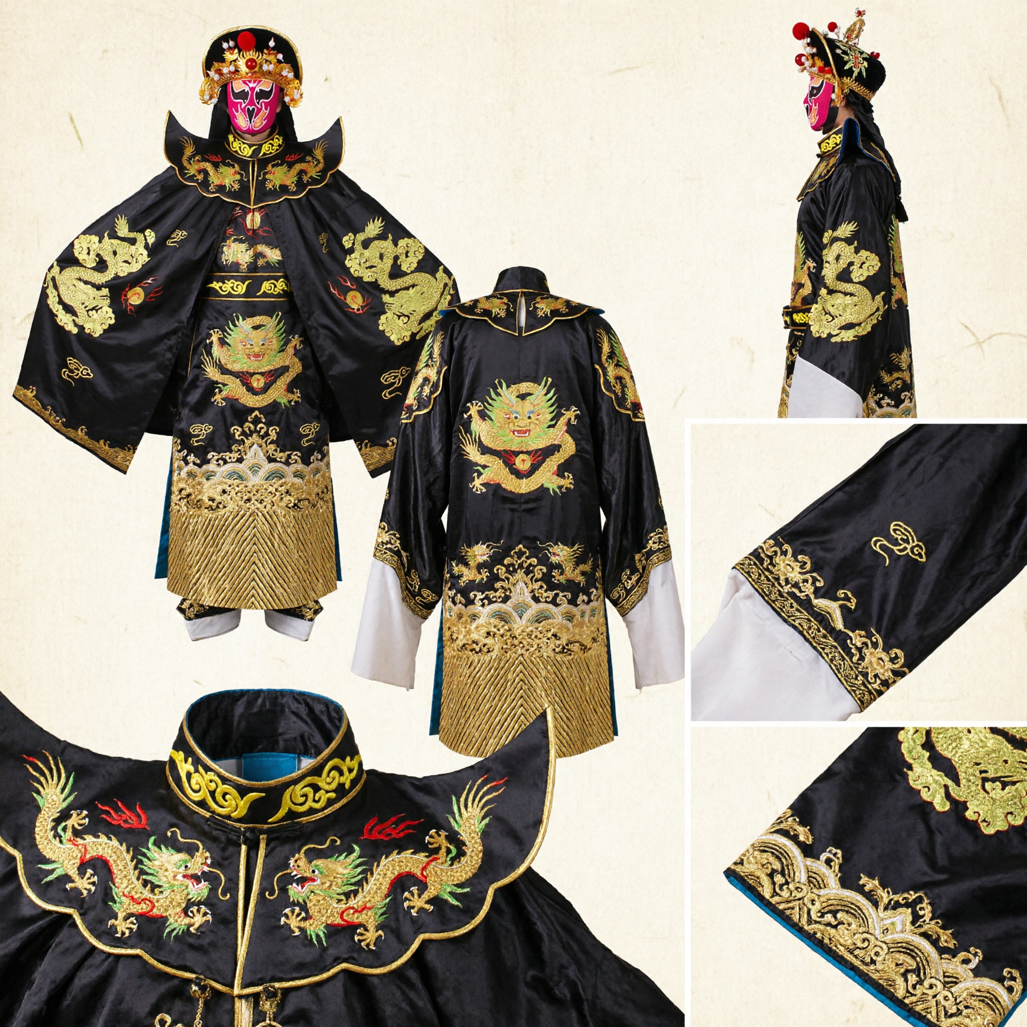 Men's Traditional Chinese Opera General Costume Black Dragon Robe with Mask for Sichuan Face Changing Stage Performance - Asian Costume