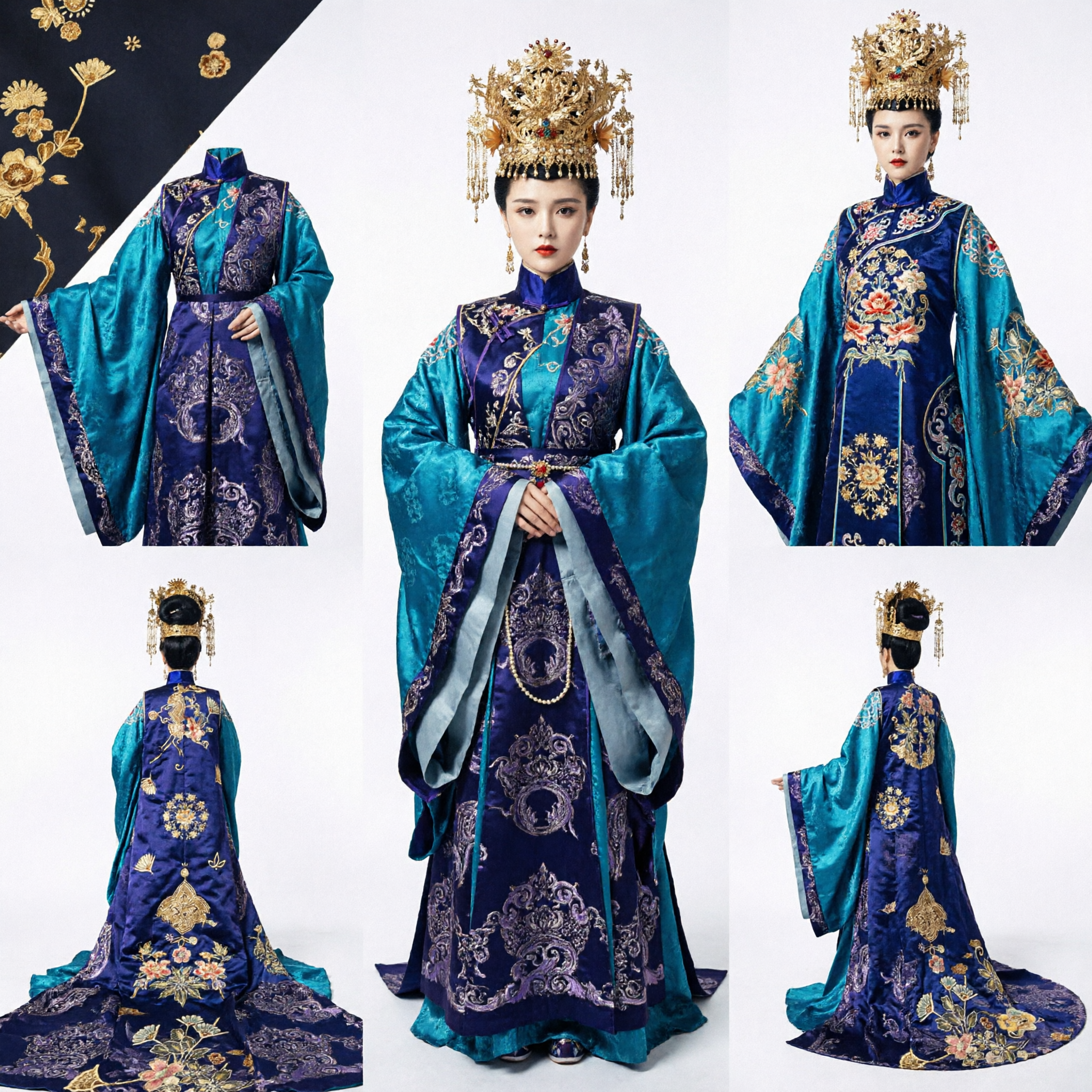 Traditional Chinese Ancient Empress Hanfu Costume Blue Embroidered Dress for Women Wedding Performance - Asian Costume