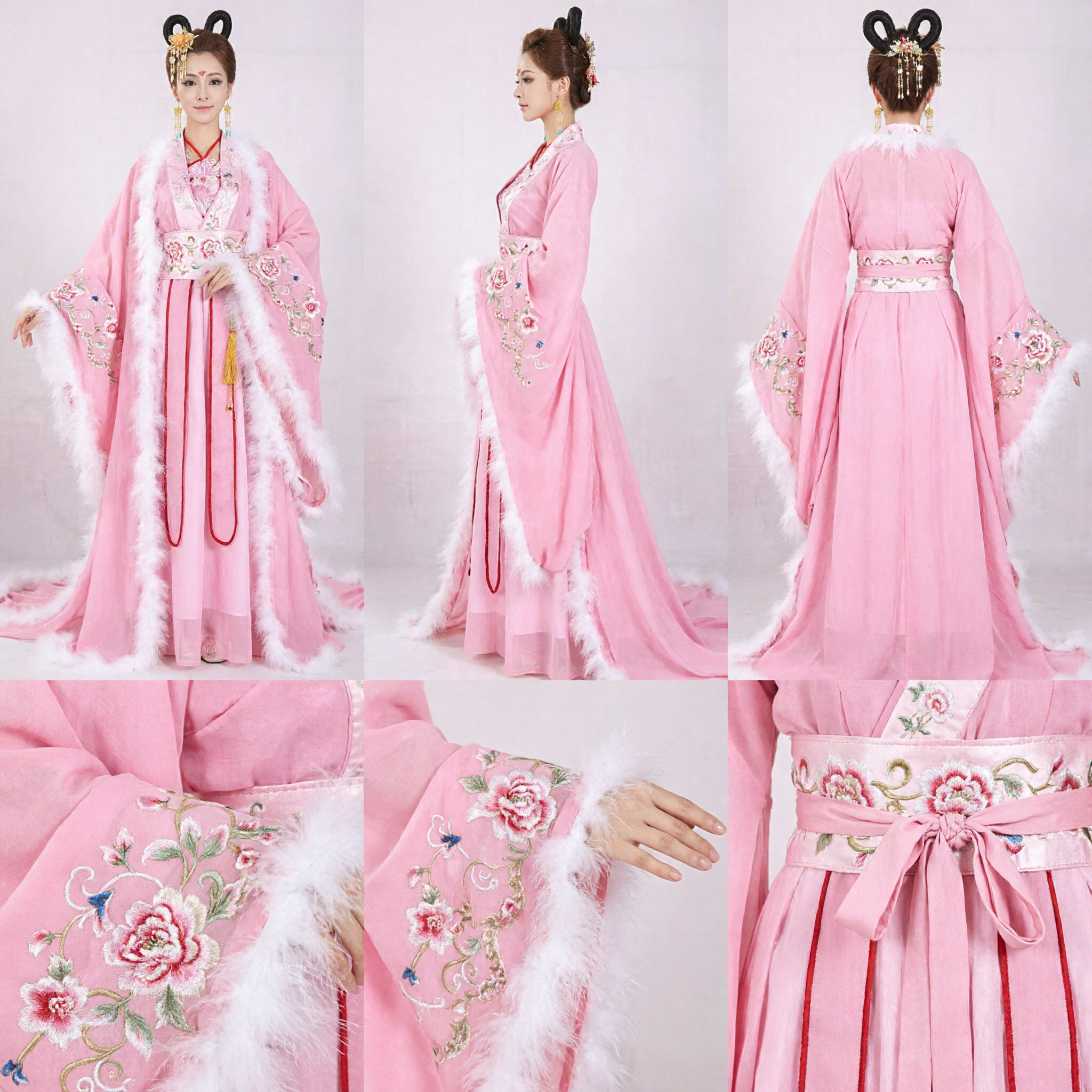 Elegant Pink Traditional Chinese Hanfu Costume with White Fur Trim for Women Ancient Cosplay - Asian Costume