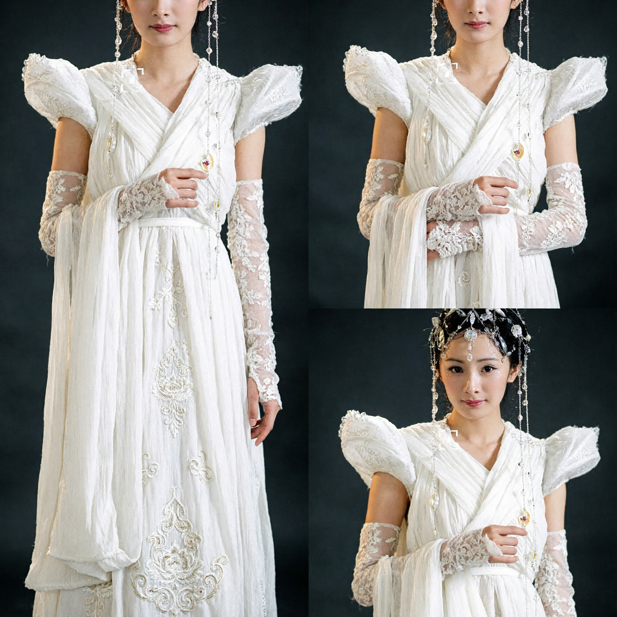 Elegant White Ancient Chinese Fairy Hanfu Costume Complete Set with Silver Headpiece for Women Photography - Asian Costume