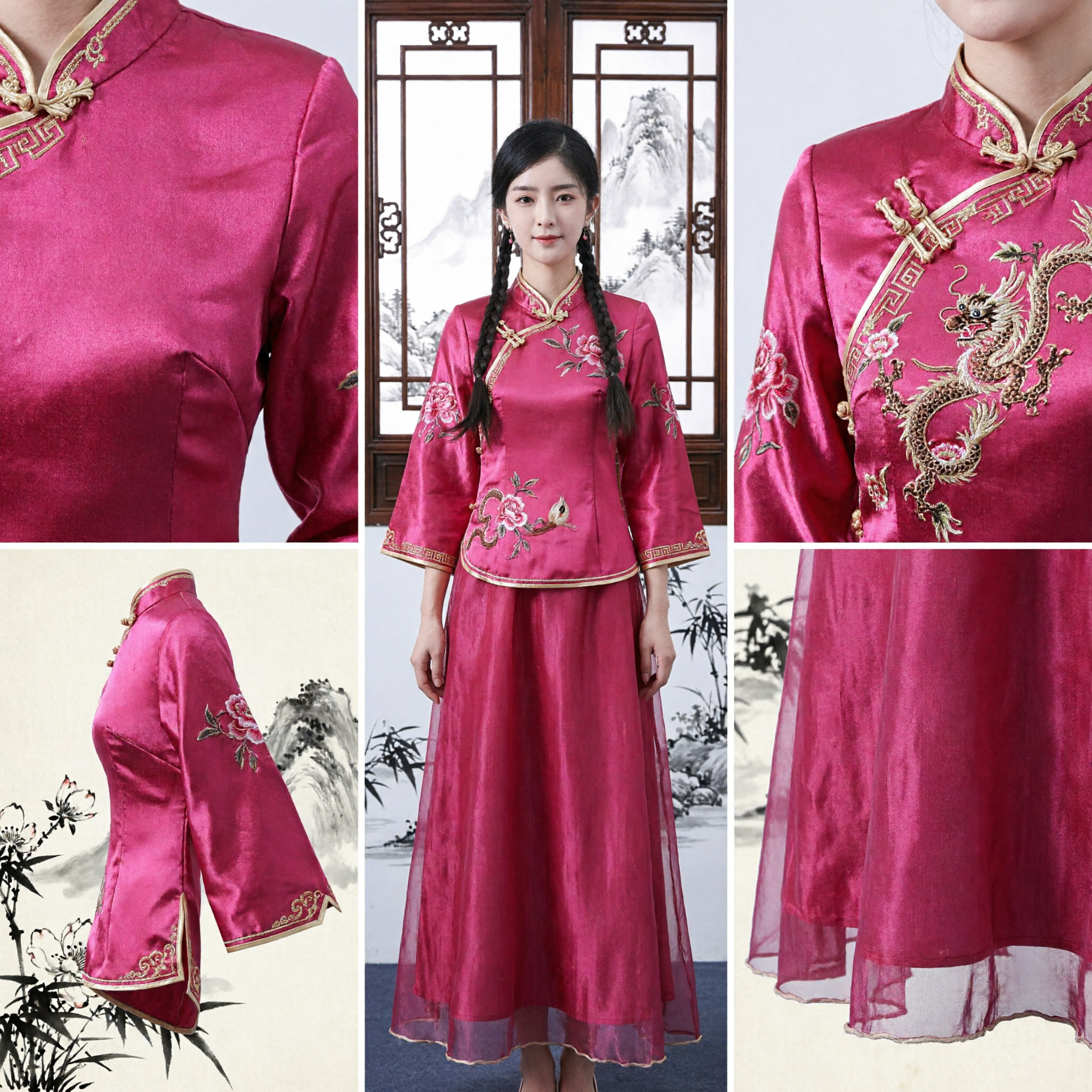 Women's Traditional Chinese Magenta Tang Suit Jacket and Long Skirt Ensemble for Festivals and Performances - Asian Costume