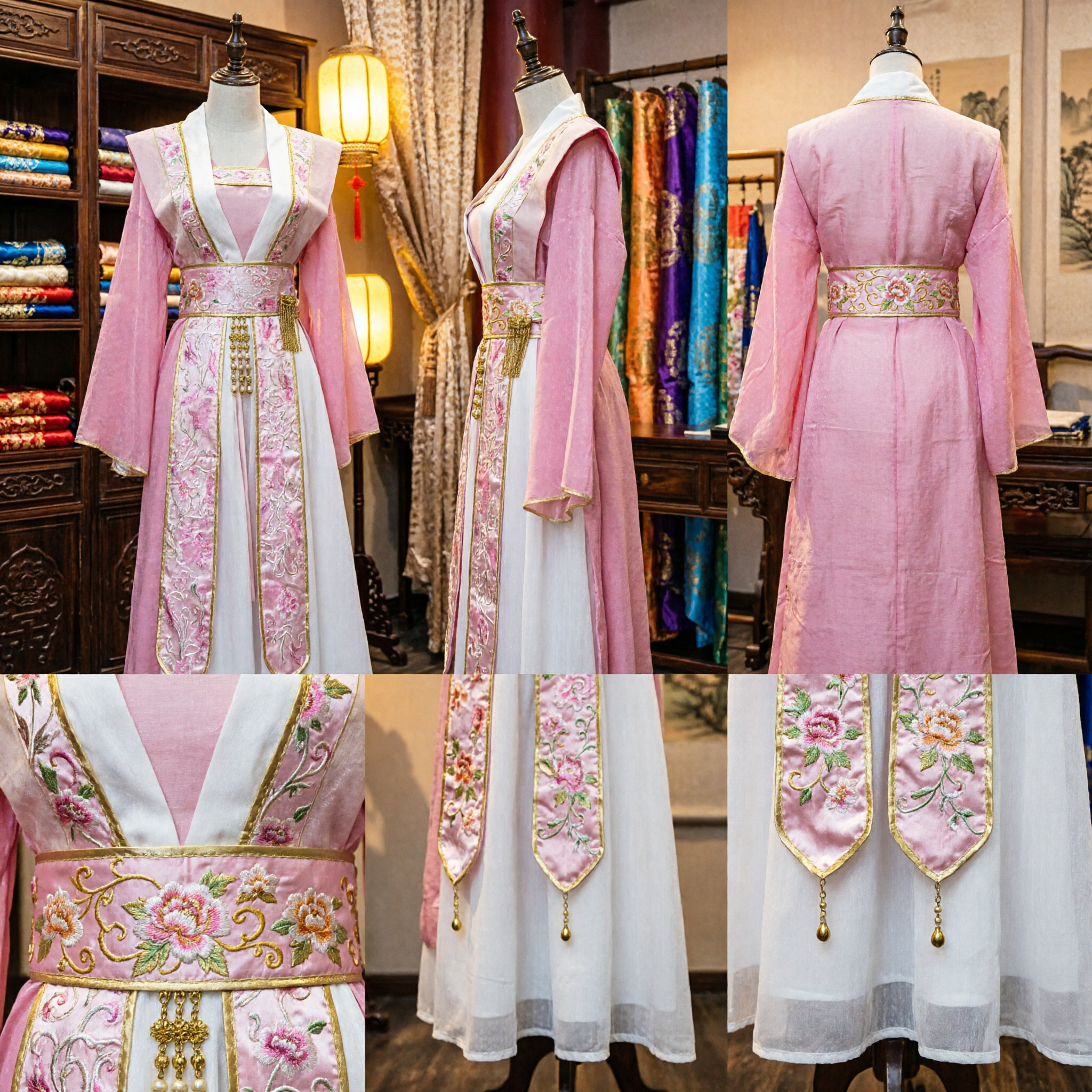 Pink and White Traditional Chinese Hanfu Dress Tang Dynasty Princess Embroidered Costume for Women - Asian Costume