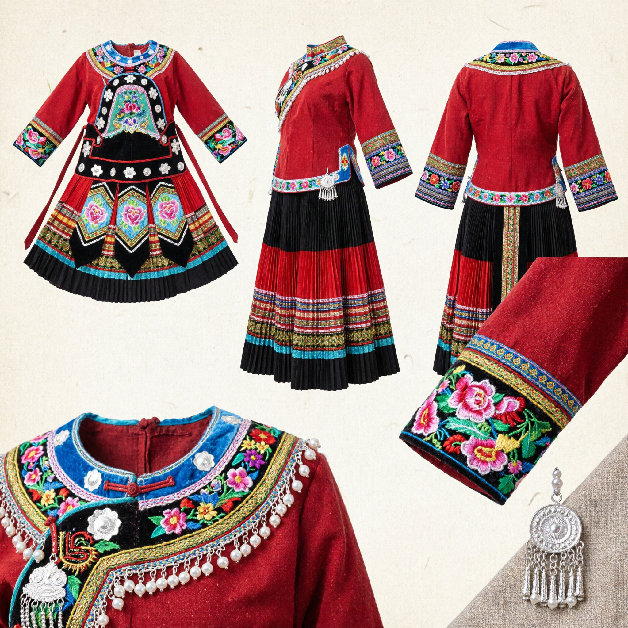 Traditional Chinese Miao Ethnic Costume Red Embroidered Top Black Skirt Silver Jewelry Set for Women Folk Dance - Asian Costume