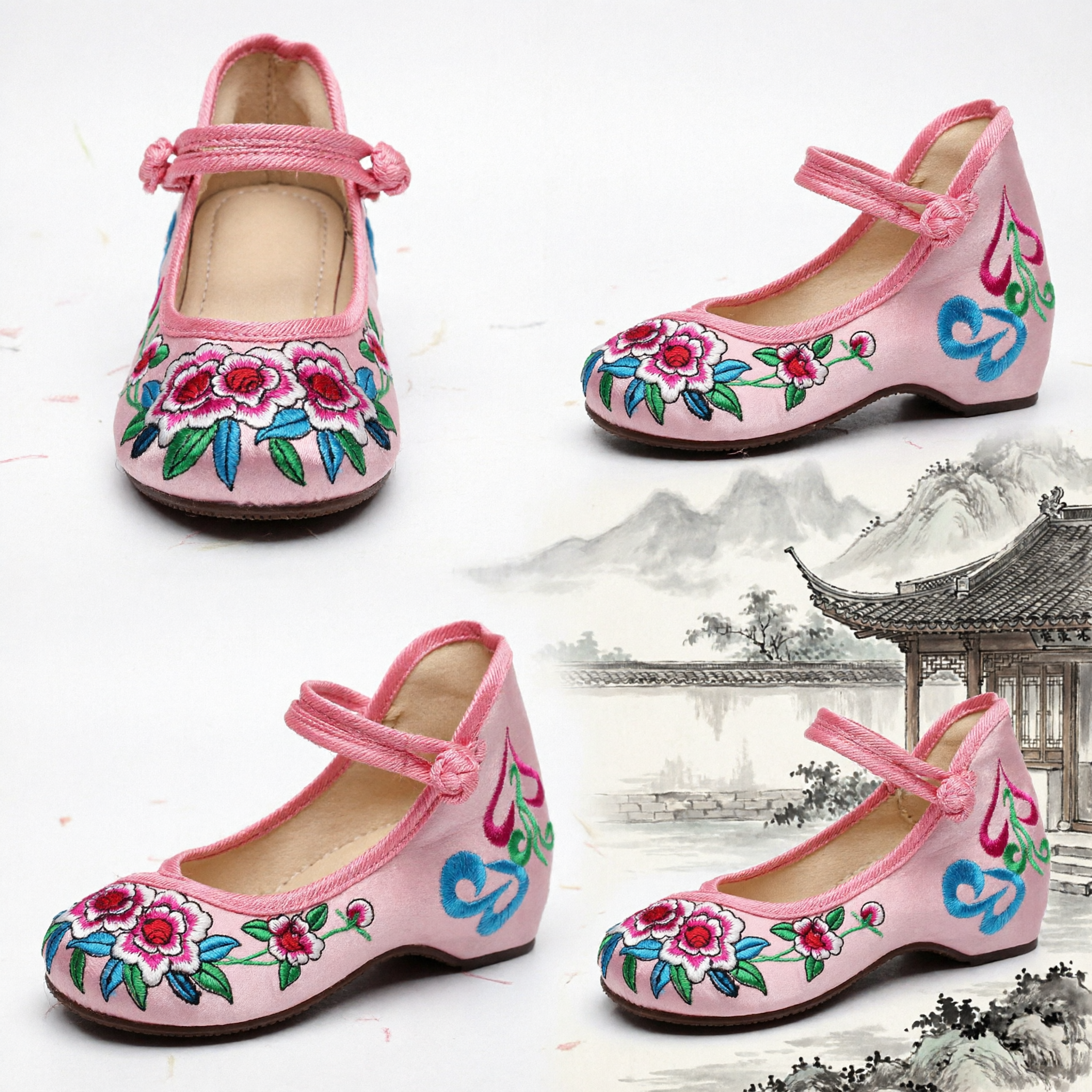 Traditional Chinese Pink Embroidered Hanfu Shoes Women's Vintage Wedge Heel Cloth Footwear for Qipao Dress - Asian Costume
