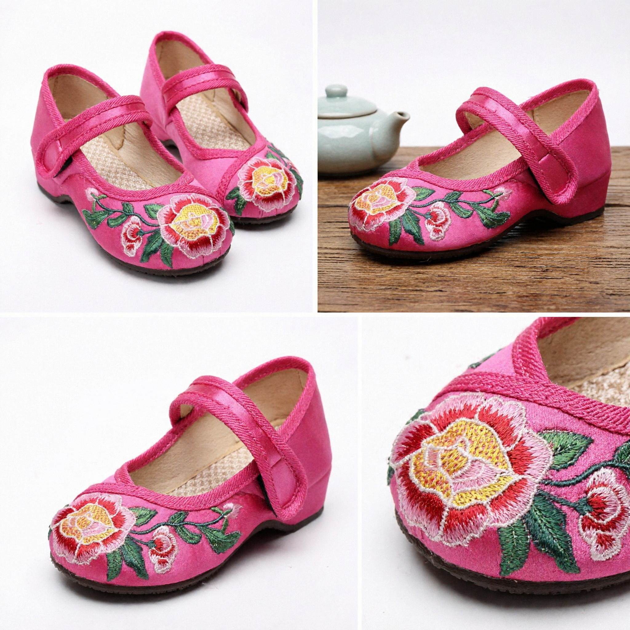 Traditional Chinese Embroidered Shoes Pink Peony Hanfu Wedge Heels for Women Ancient Style Dance Footwear - Asian Costume