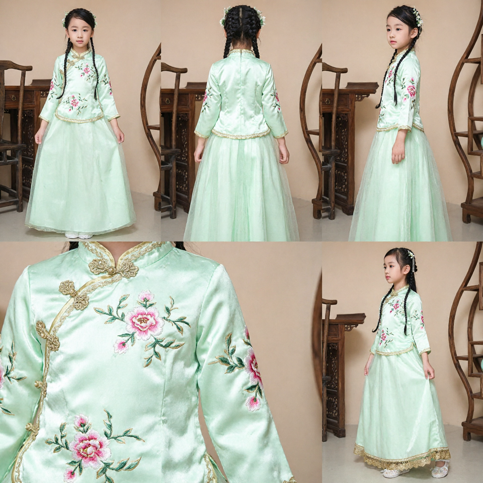 Traditional Chinese Kids Qipao Dress Mint Green Embroidered Top and Skirt Set for Girls Wedding Festival - Asian Costume