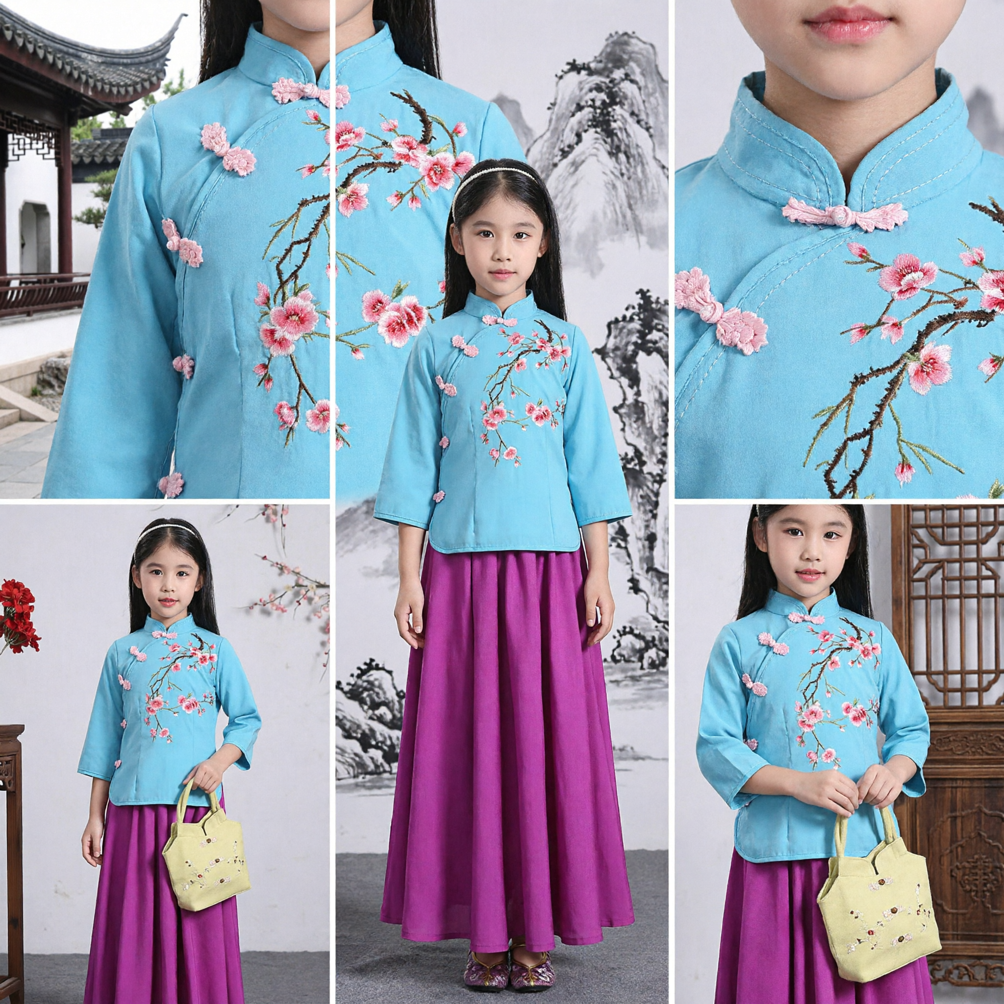 Girls Chinese Traditional National Costume Tang Suit Embroidered Top and Purple Skirt Set for Kids Festival - Asian Costume