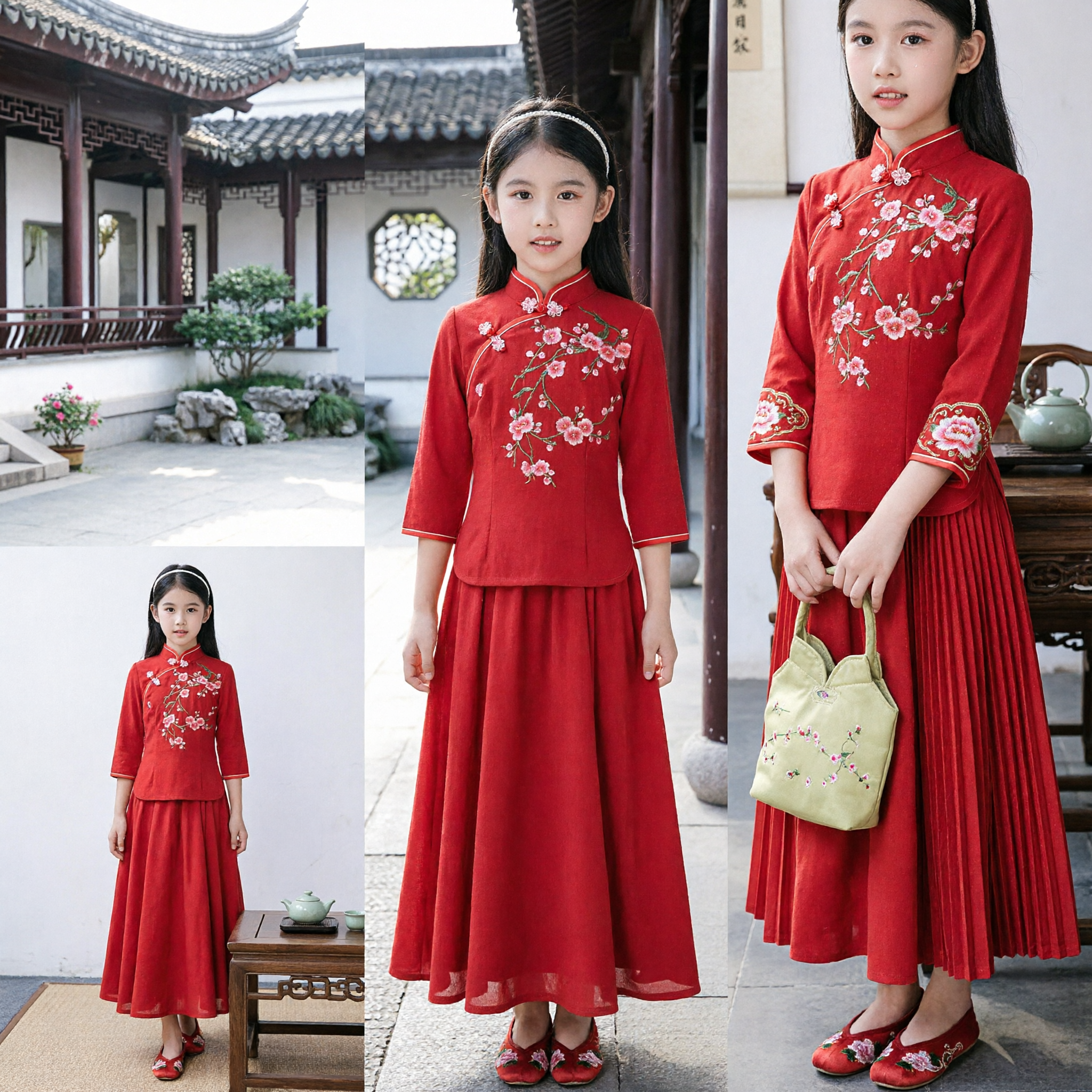 Girls Red Chinese Traditional Cheongsam Dress Kids Embroidered Tang Suit Two Piece Set for Spring Festival Wedding - Asian Costume