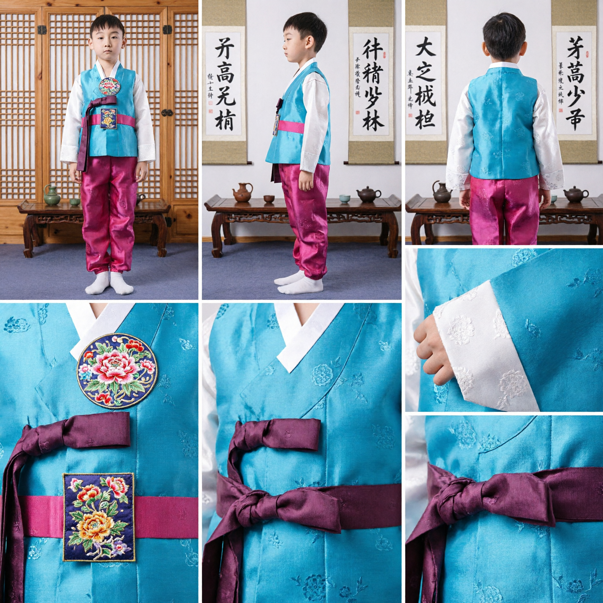 Traditional Korean Hanbok for Boys Blue Vest and Pink Pants Kids Folkwear Wedding Birthday Costume - Asian Costume