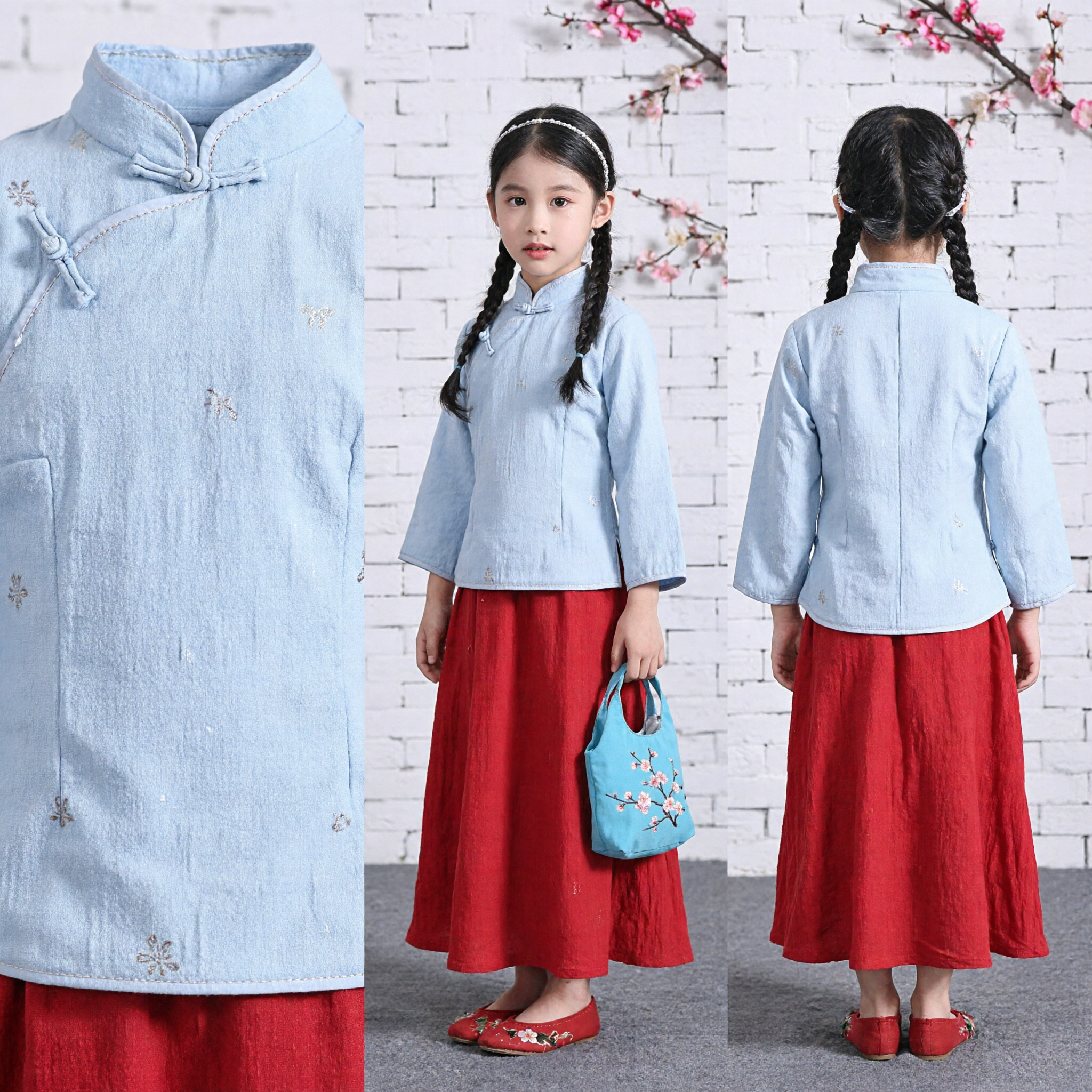 Girl's Traditional Chinese Hanfu Set Blue Top Red Skirt Minguo Style Costume for Lunar New Year - Asian Costume