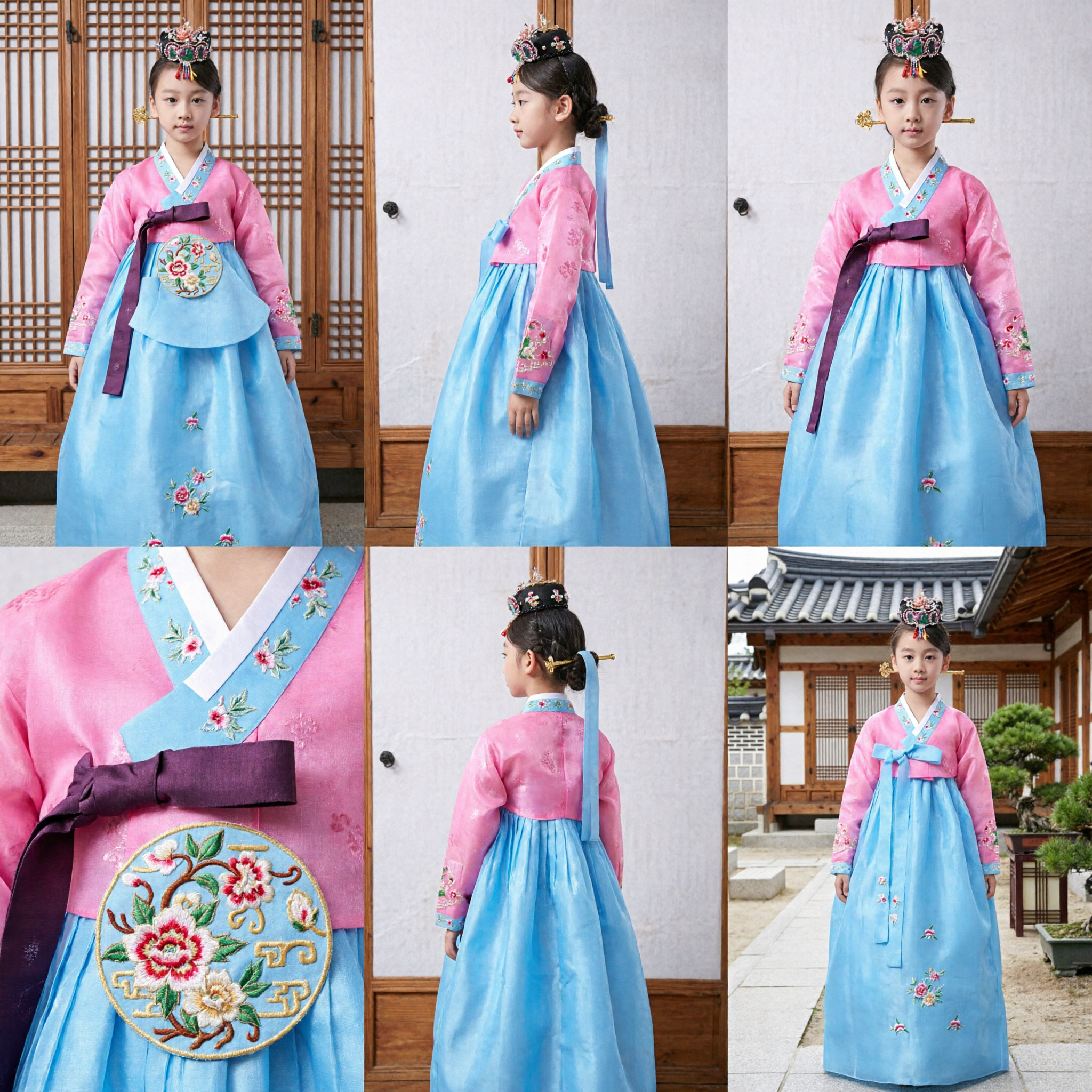Traditional Korean Hanbok for Girls Pink and Blue Embroidered Dress Kids Cultural Festival Party Costume - Asian Costume