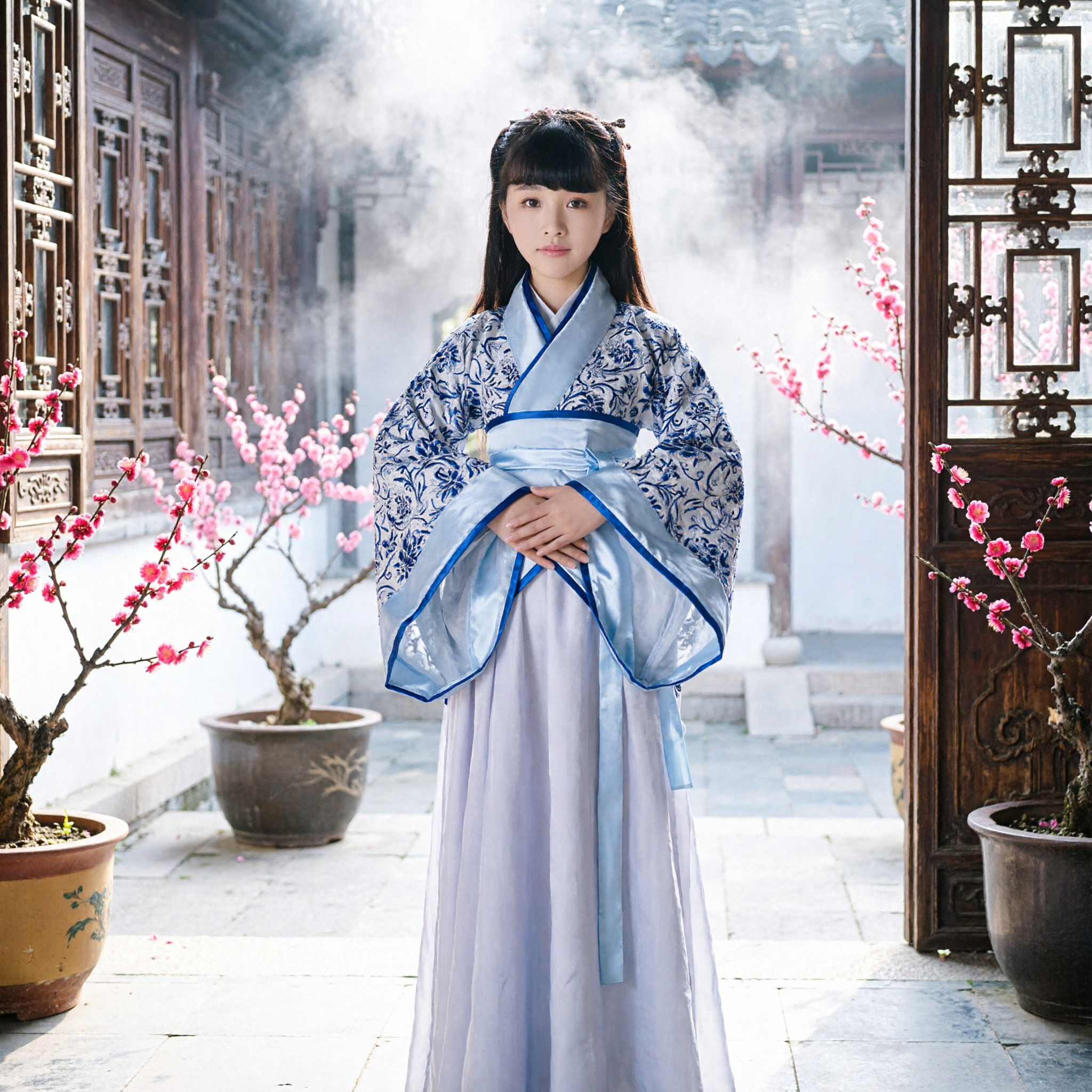 Traditional Chinese Hanfu Costume for Girls Kids Ancient Princess Dress Blue White Pattern Cultural Performance Outfit - Asian Costume